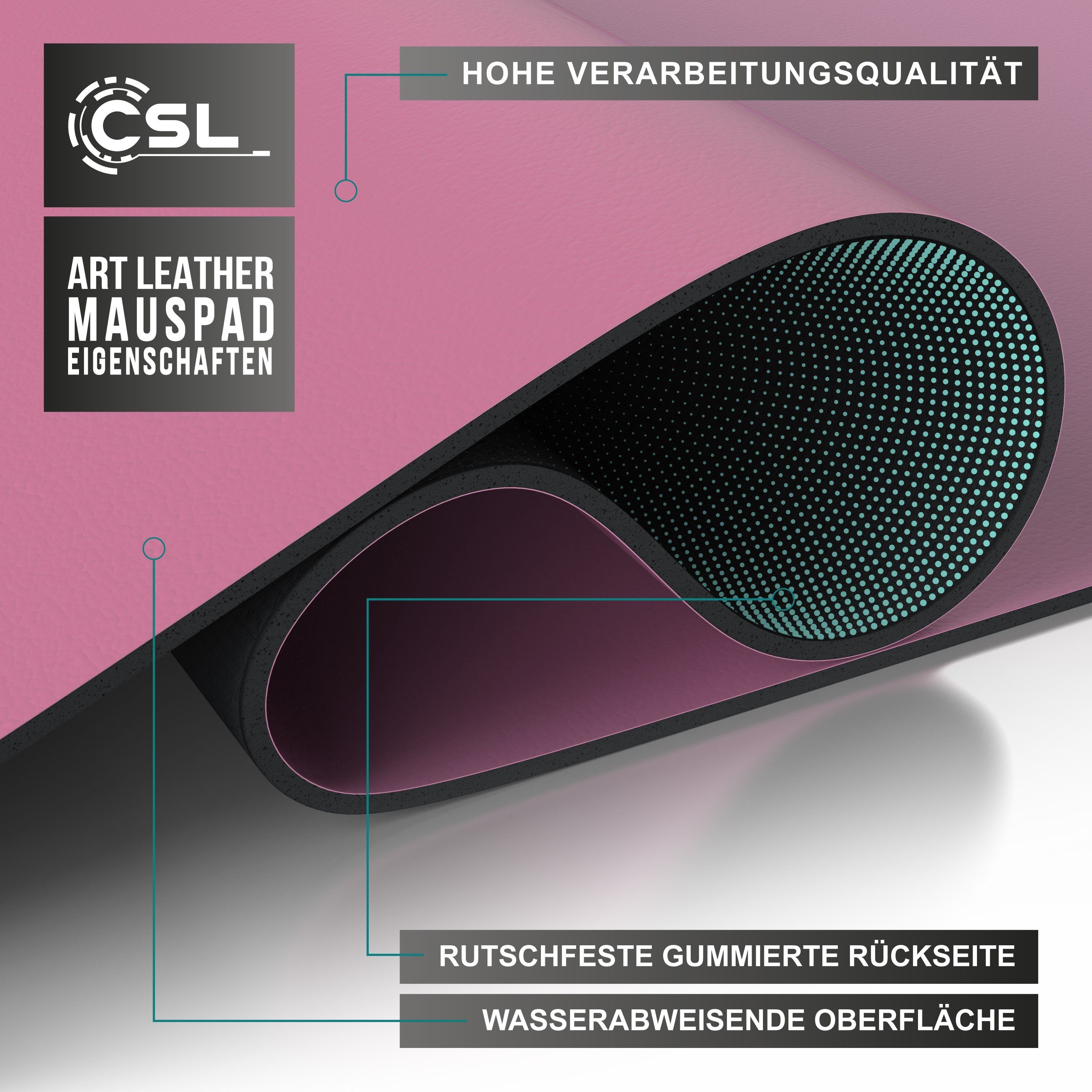 CSL Mauspad XXL Mousepad 900 x 400 x 3 mm, Tischunterlage, Elegante Leder Optik, rutschfest, abwaschbar, Office Schreibtischunterlage, Dunkelrosa
