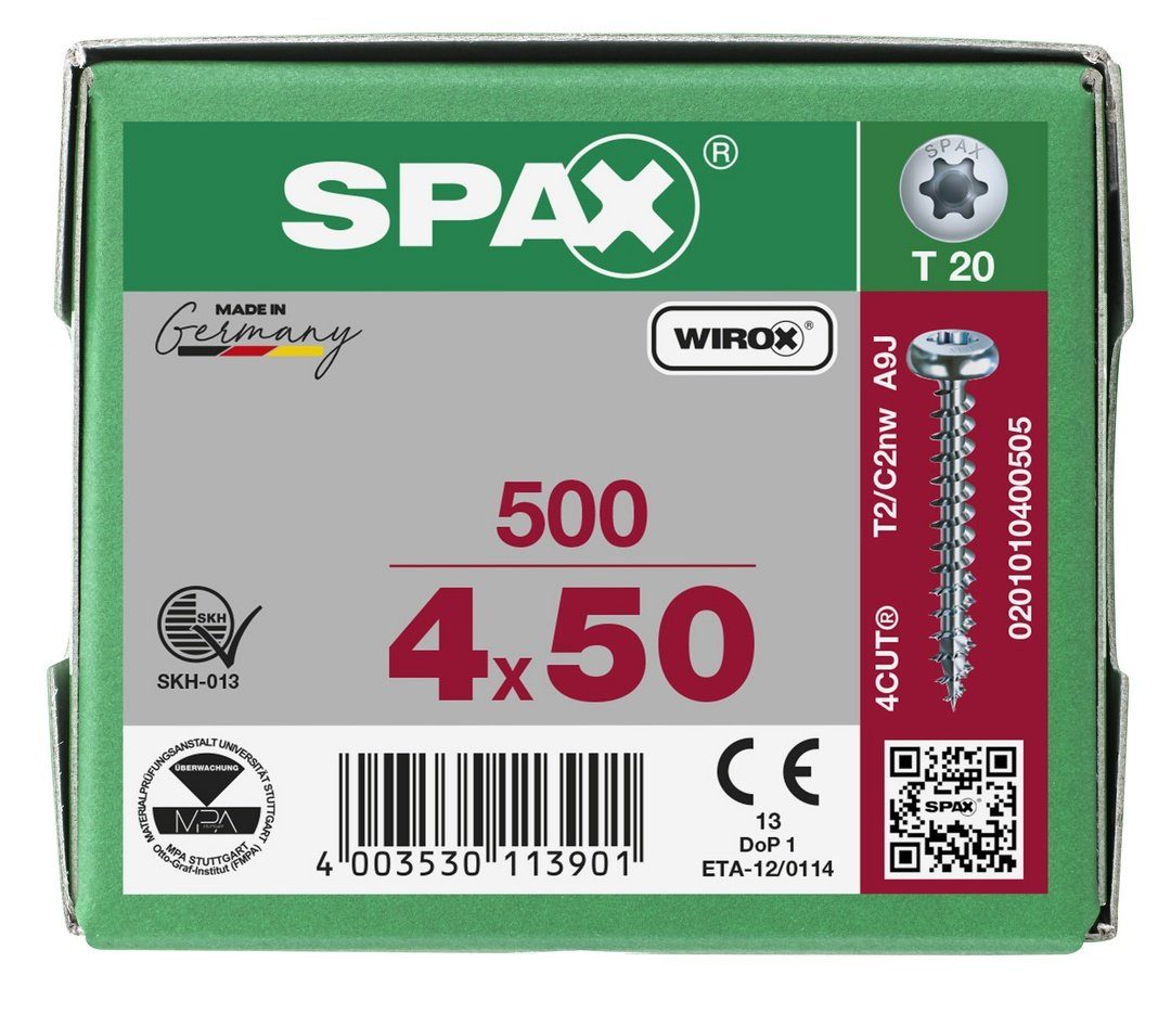 SPAX Spanplattenschraube Universalschraube, 500 4x50 St), verzinkt, weiß mm (Stahl