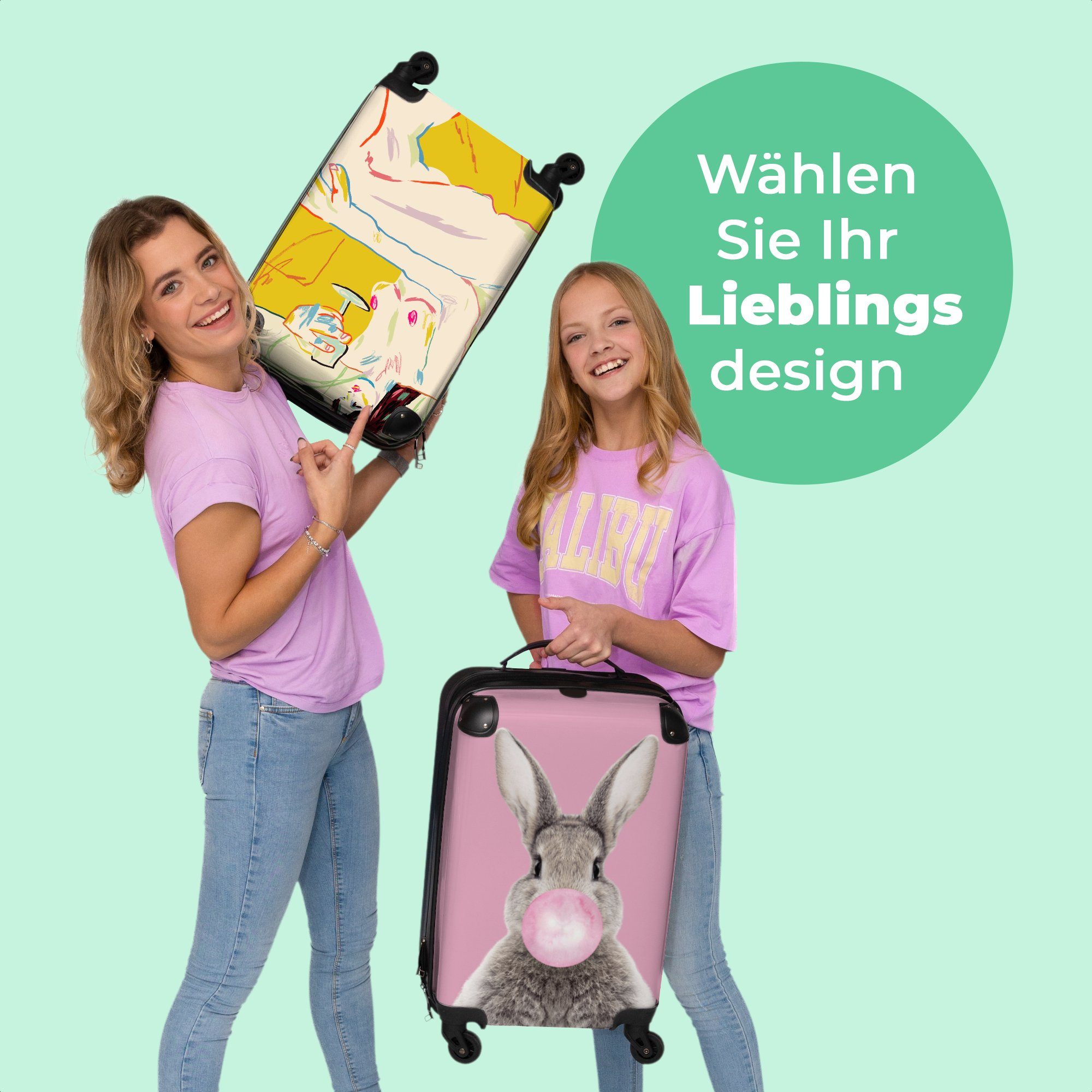 NoBoringSuitcases.com© Handgepäckkoffer 55x35x20cm Cabin Gelb, 4 - Reisekoffer - Kleine Kunst Rollen - Handgepäck mit - Frau Rollkoffer Weinglas Rollen, Trolley 4