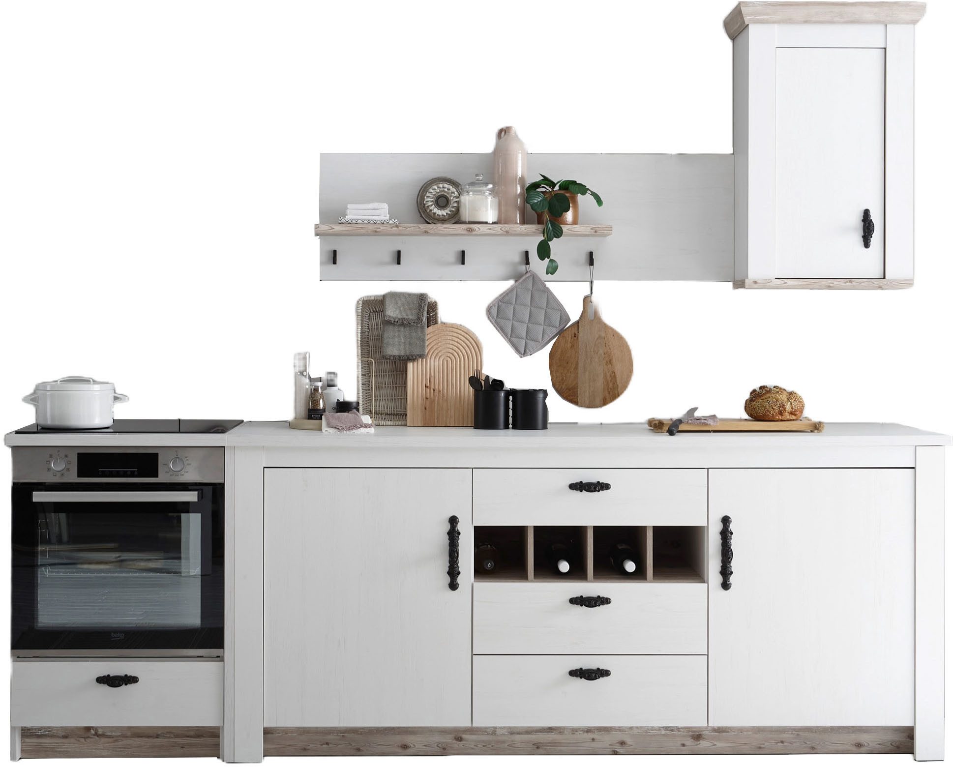 Home affaire Кухниzeile Florenz, Küche in Pinie Weiß, mit Herdumbau, ohne E-Geräte, (Set), Breite 364 cm, mit verschnörkelten Metallgriffen, Arbeitshöhe 92 cm