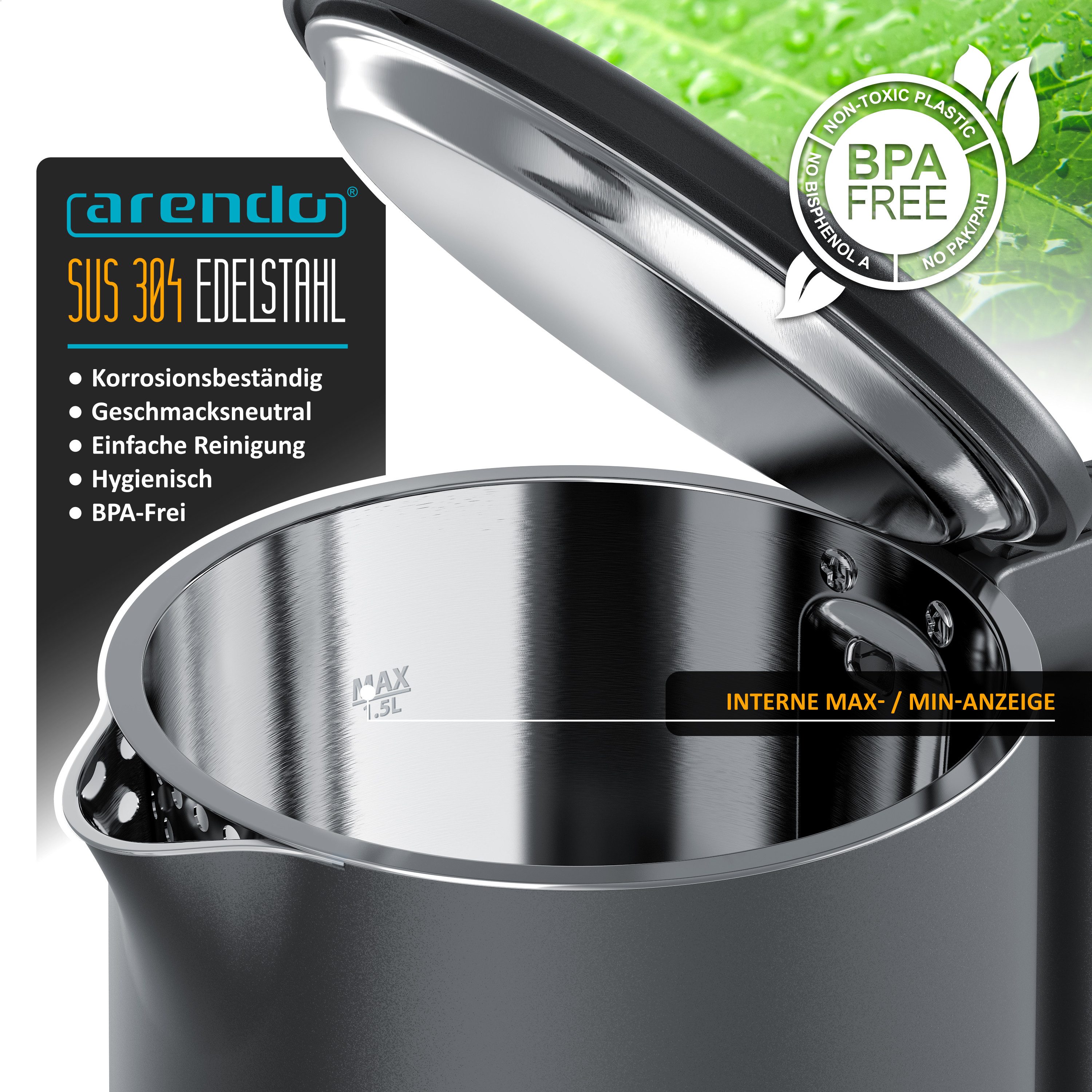 Arendo Wasserkocher aus Edelstahl, Doppelwand-Design, 360° Controller, Cool Grey Matt, 1,5 l, 2200 W, Teekocher, Cool-Touch-Griff, Überhitzungsschutz, BPA-frei, – Bild 3 von 5