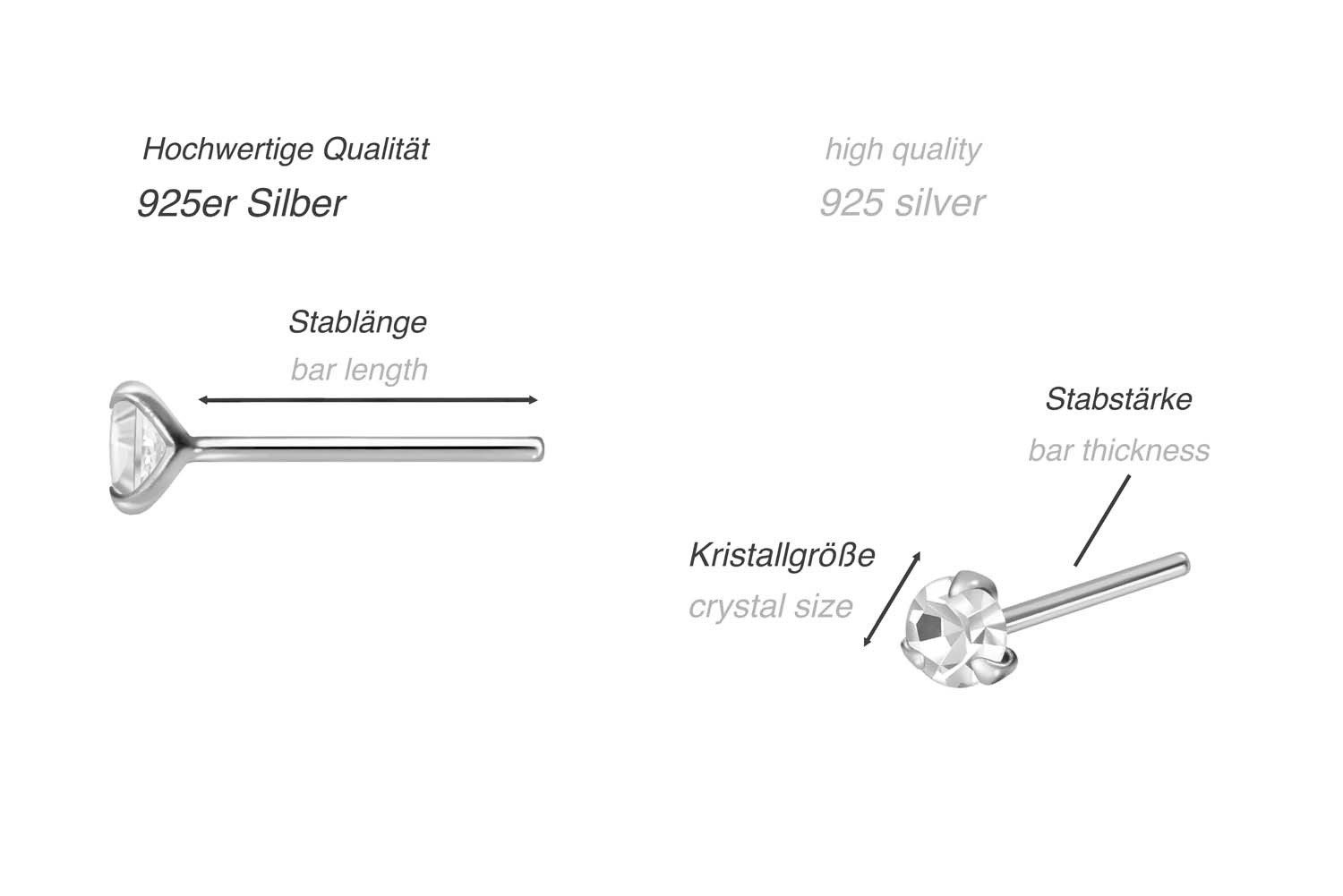 PIERCINGLINE Nasenpiercing SET 925er Silber Nasenstecker RUNDER KRISTALL - biegbar (Nasenstecker, 3er SET1)
