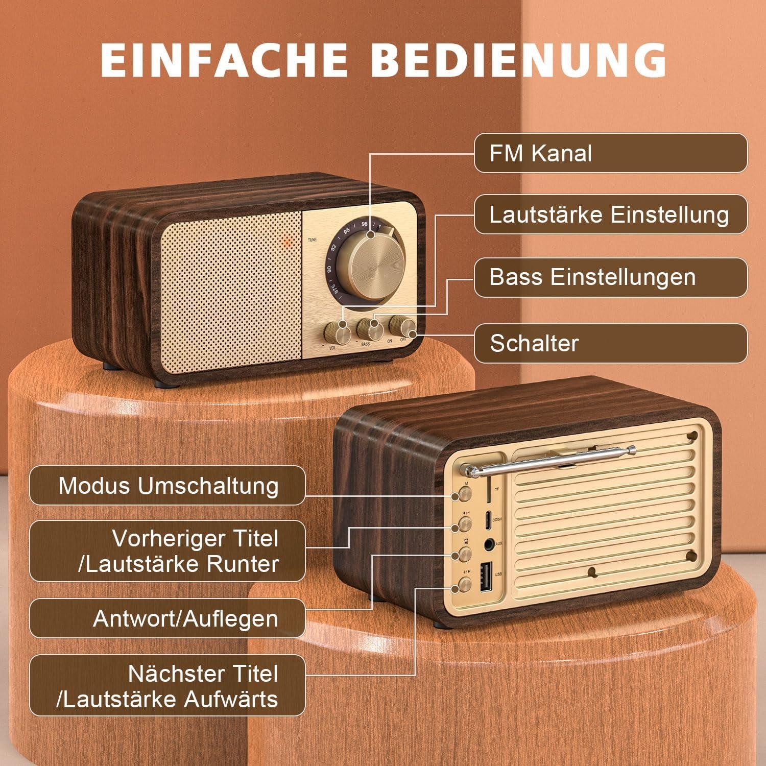 Forrlite Radio, Digitalradio, Retro Radio mit Bluetooth, FM-Radio Radio (Unterstützt die Musikwiedergabe von TF-Karte, USB-Stick und AUX-Eingang, uBerdem unterstützt er UKW-Radio für Nachrichten und Musik., 1800-mA-Lithium-Akku bietet eine Laufzeit von 3-5 Stunden, Vintage Radios with AUX/USB, Radio for Kitchen/Bedroom/Office)