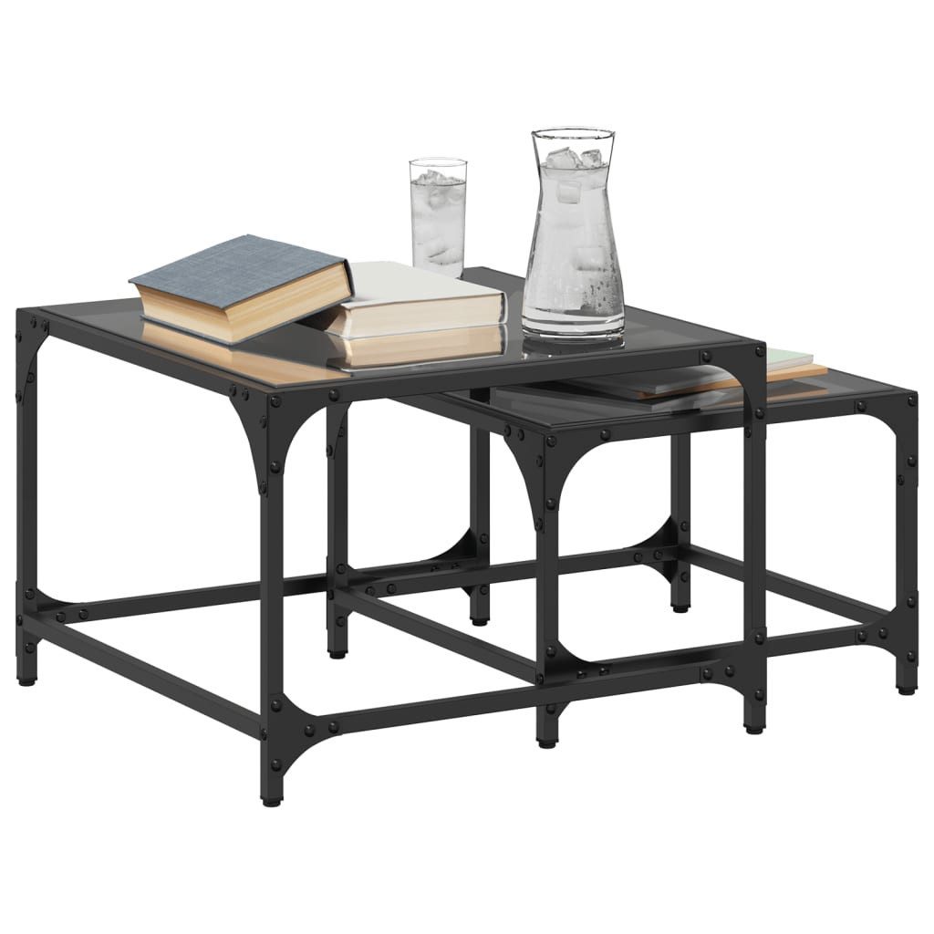 vidaXL Couchtisch Satztische 2 Stk. mit Glasplatte Schwarz Stahl (1-St)