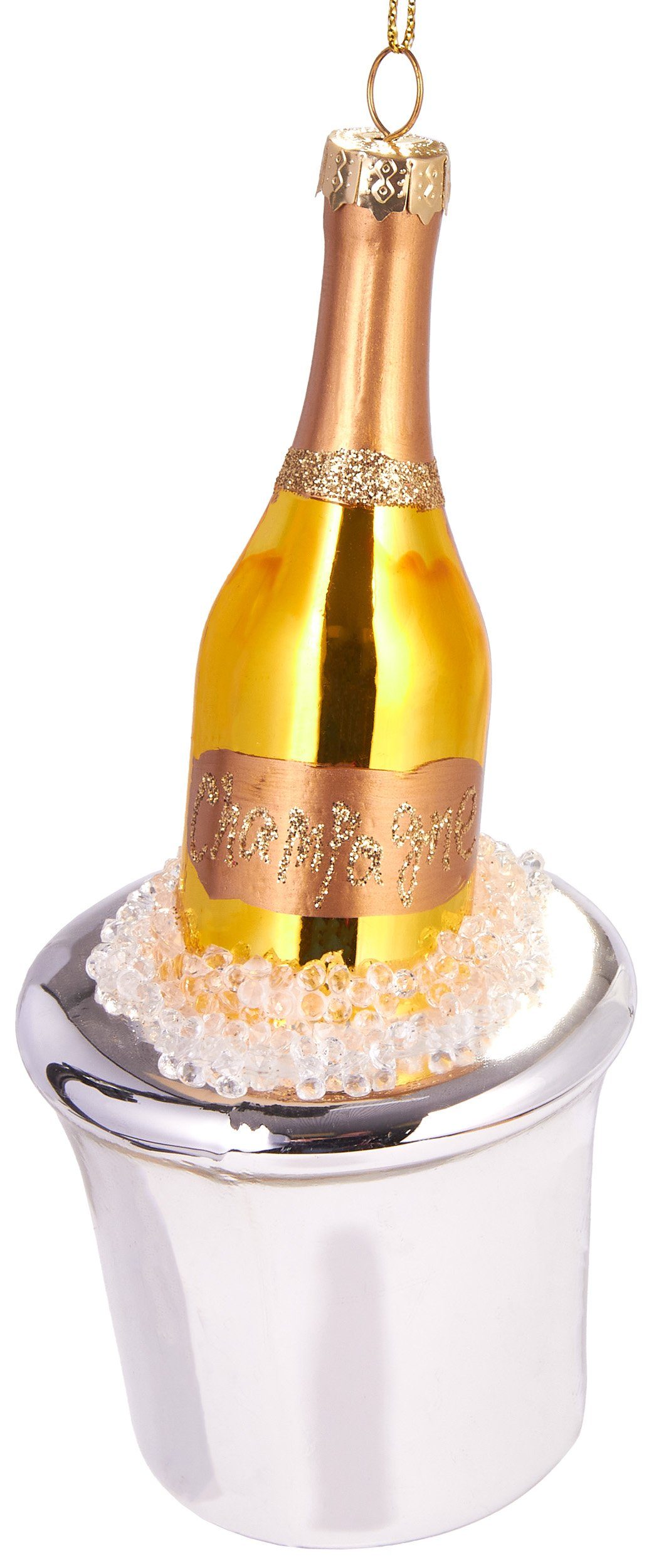 BRUBAKER Christbaumschmuck Handbemalte Baumkugel Champagnerflasche, schöner Weihnachtsanhänger aus Glas, mundgeblasenes Unikat - Lustige Weihnachtskugel ca. 14.5 cm | Dekohänger