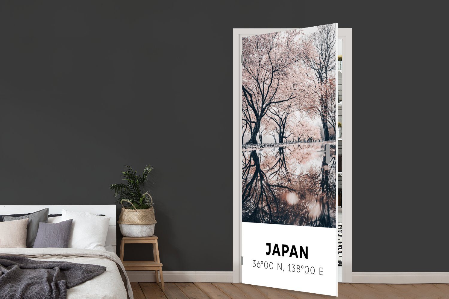 MuchoWow Türtapete (1 Tür, für Matt, - Frühling - bedruckt, Sakura 75x205 Fototapete Türaufkleber, cm - St), Japan Rosa