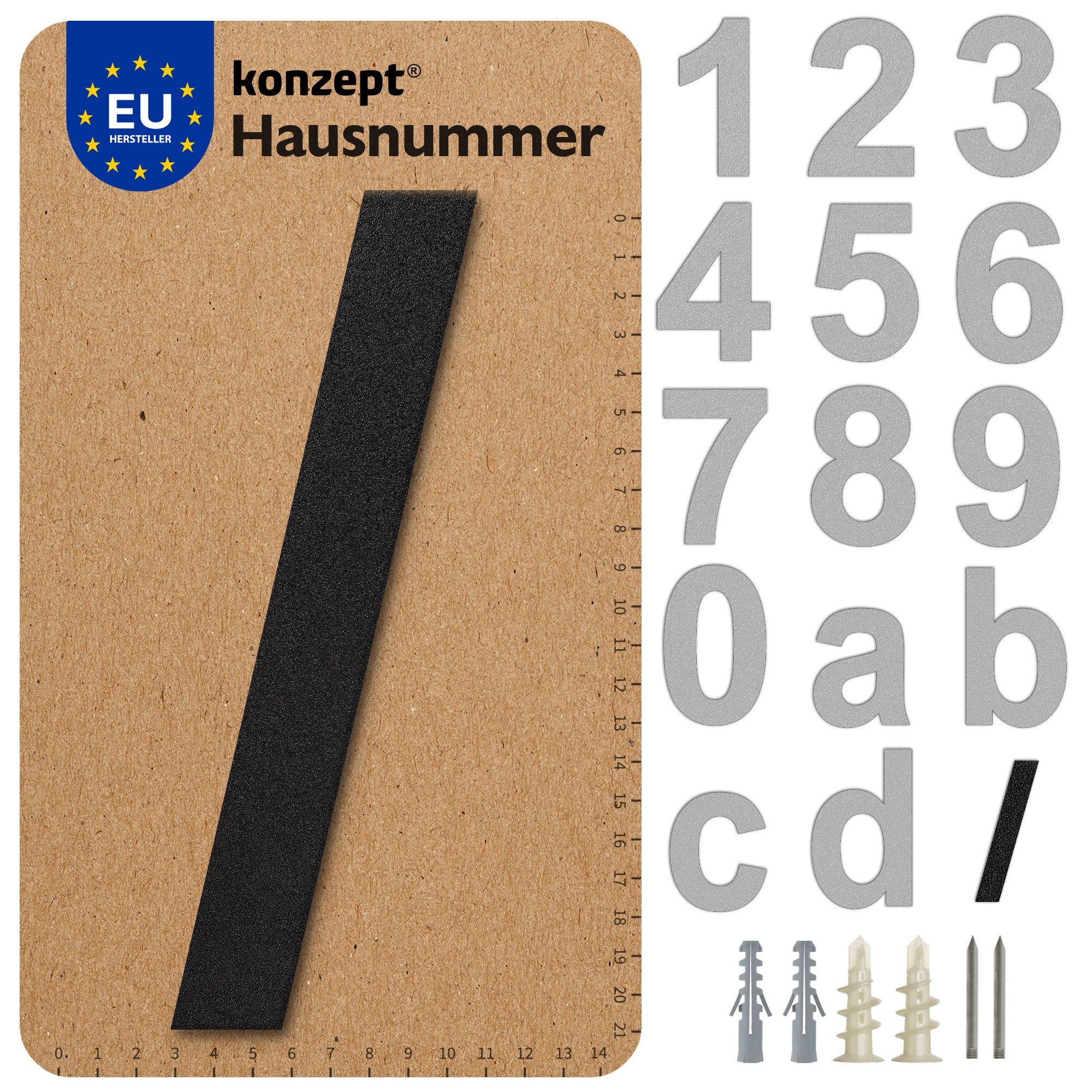 KONZEPT Hausnummer in Schwarz, Briefkastennummer von 0 bis 9, (aus massiven Stahl mit witterungsbeständiger, Pulverbeschichtung), Metallbuchstaben A/B/C/D/F und /