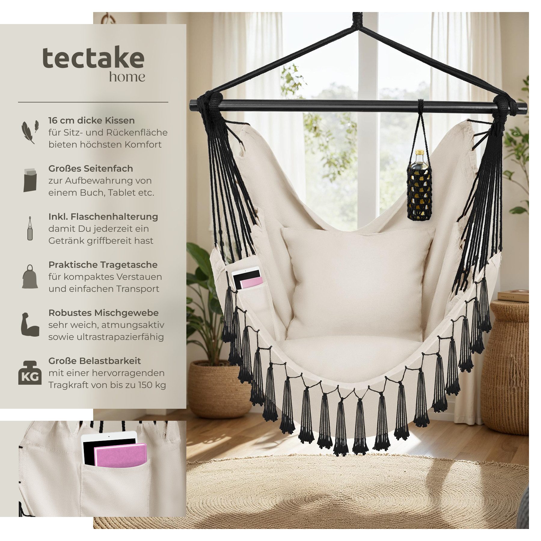 tectake Hängesessel Schaukelstuhl Malika, Boho-Style, Belastbarkeit 150kg, günstig online kaufen