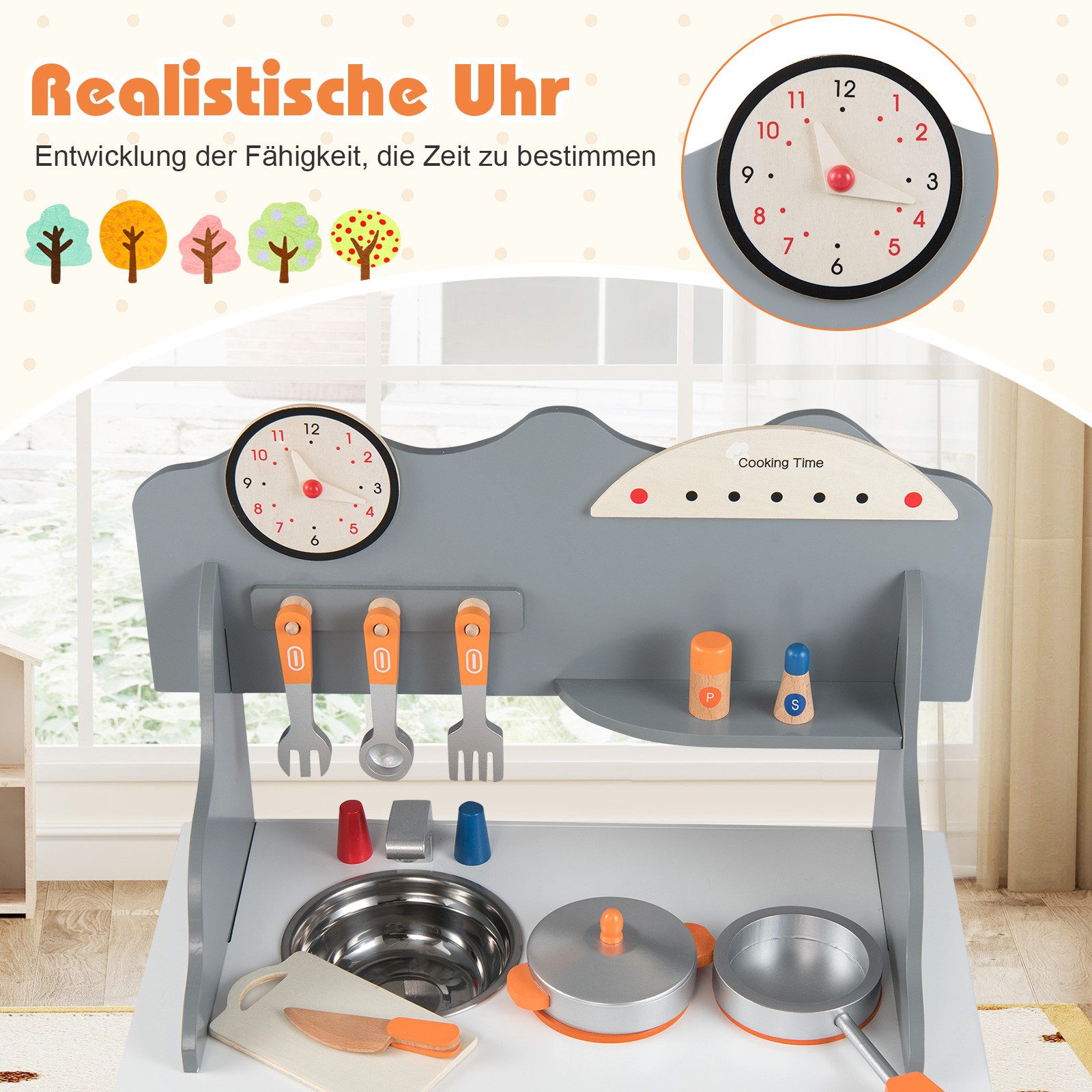COSTWAY Spielküche MDF, Massivholz, Edelstahl, Mit Uhr, Herd, Gewürzregal, Wasserhahn, Spüle & Ofen