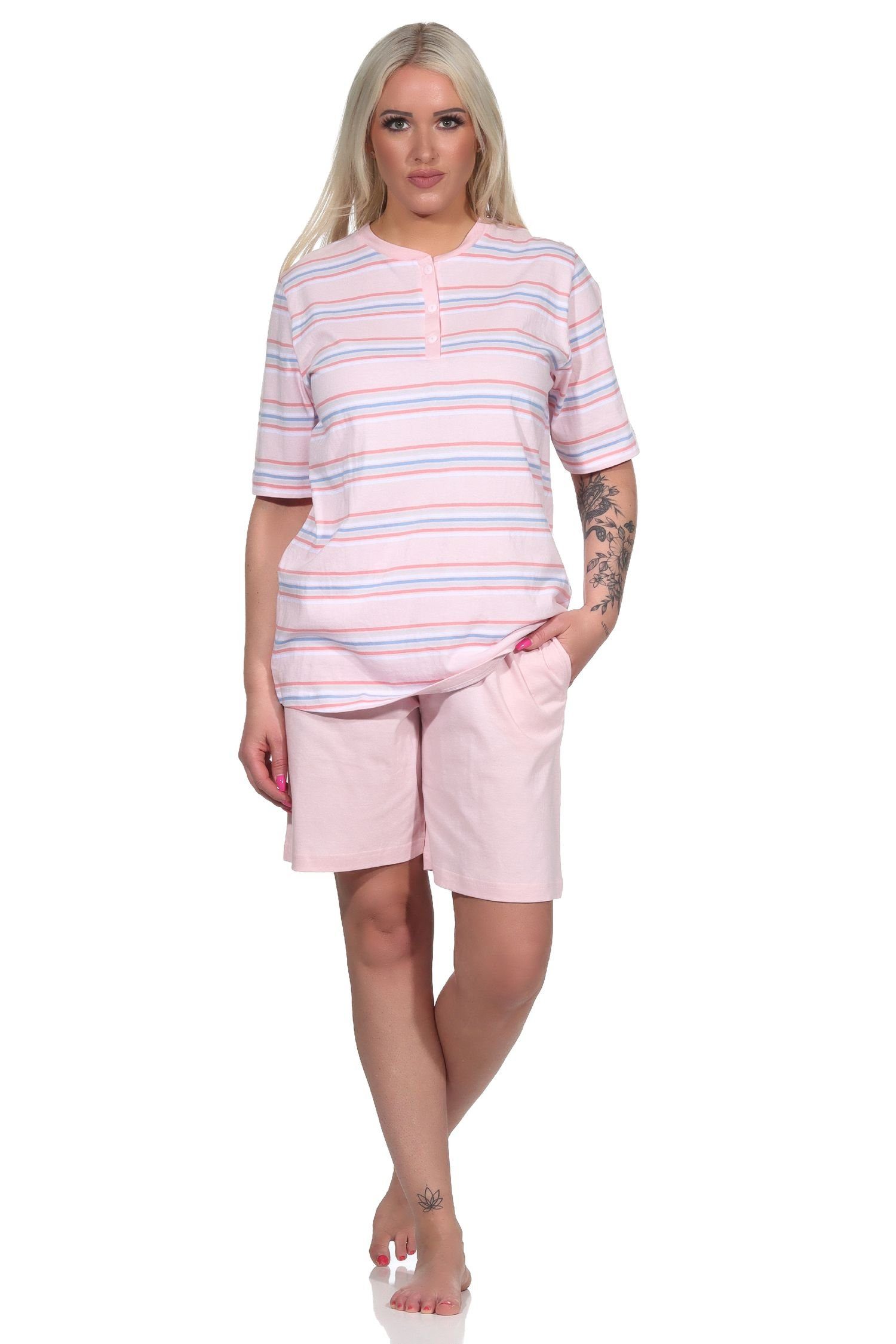 Normann Pyjama Damen Schlafanzug kurzarm Pyjama Shorty in pastellfarbenen Streifen rosa