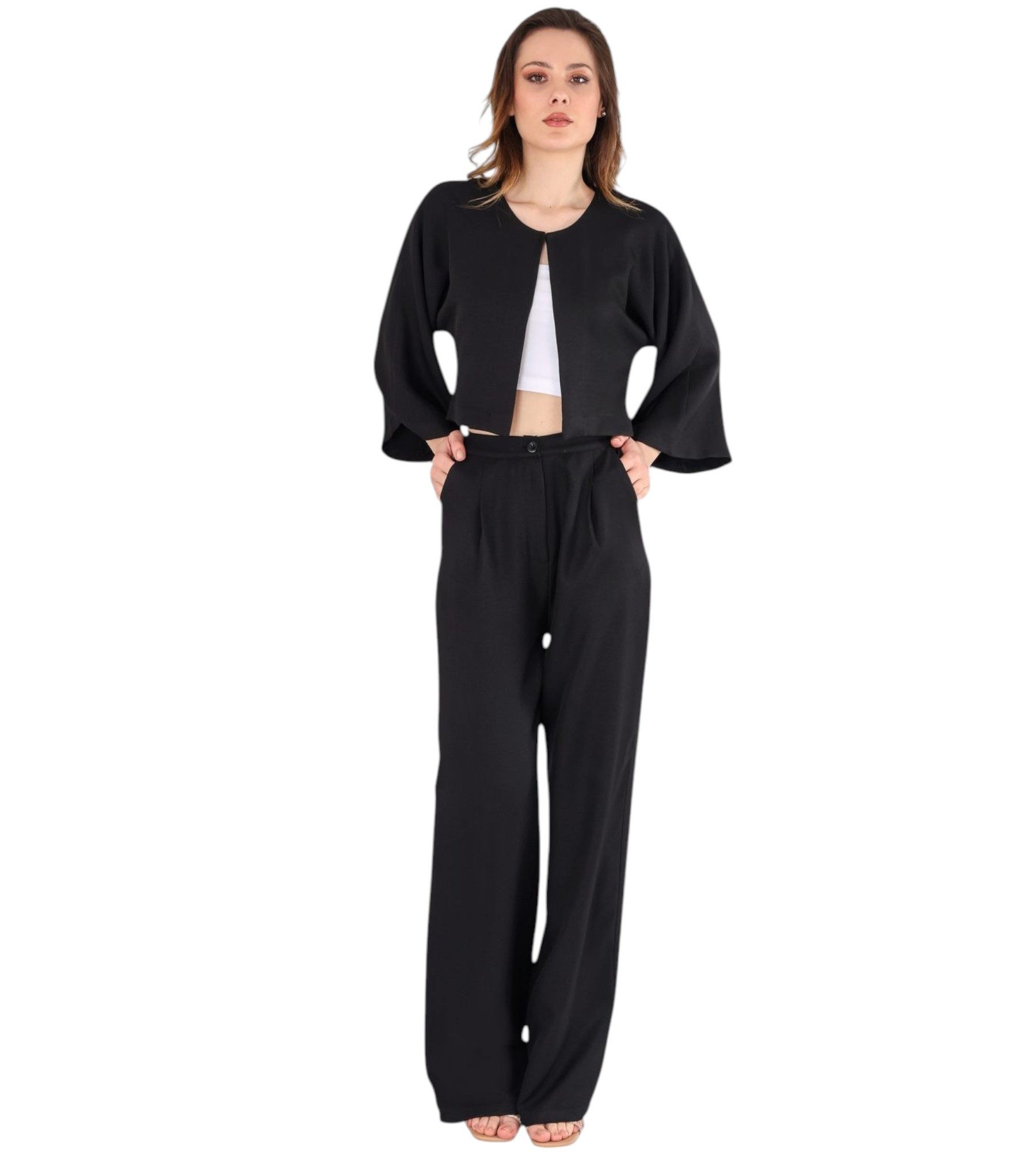fashionshowcase Palazzohose Damen Stoffhose in Leinenoptik – elegant Weites Bein vielseitig, mit Bundfalten, ideal für lange Beine
