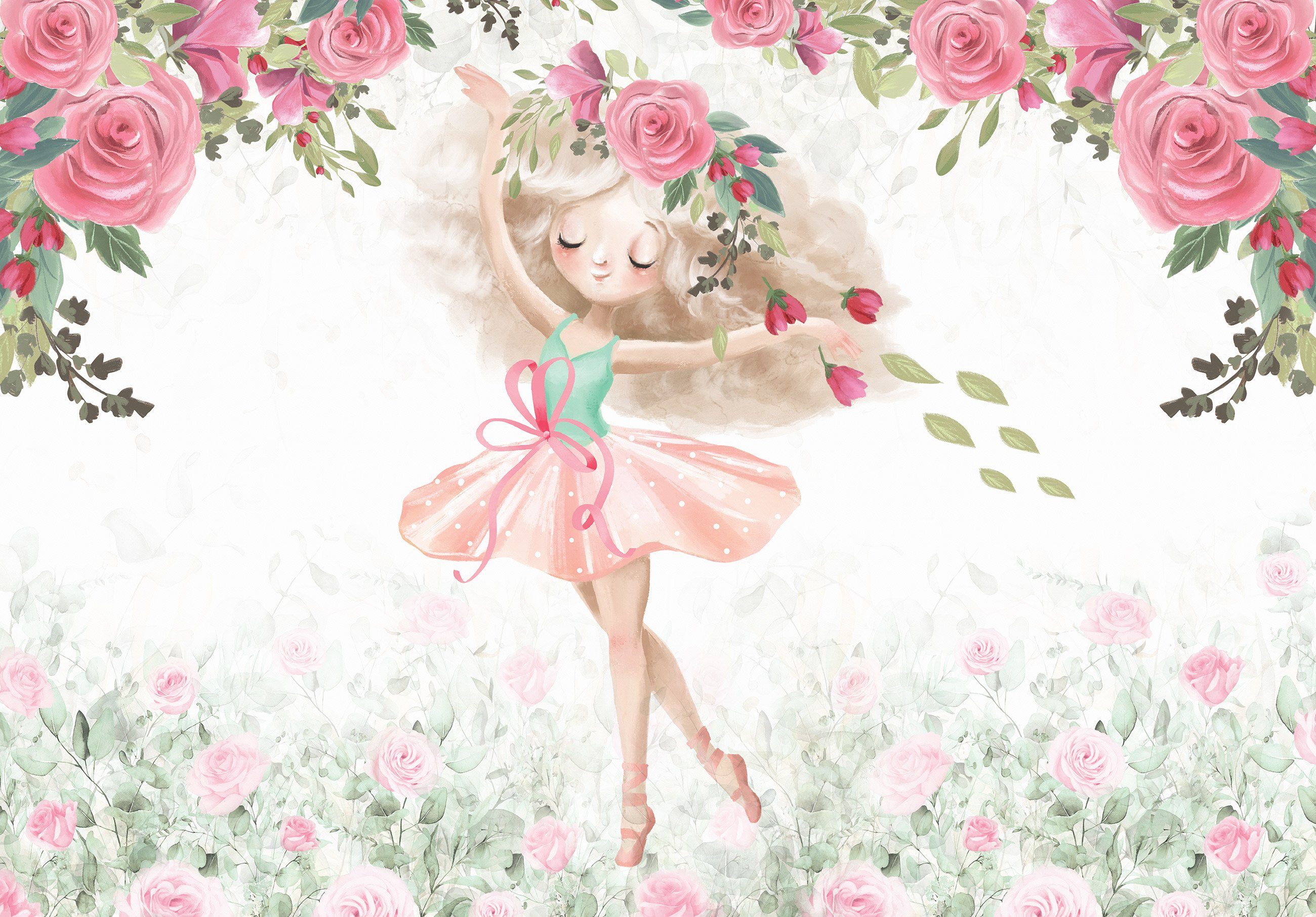 Wallarena Fototapete Kinderzimmer Mädchen Baby Ballerina Blumen Blätter Rosa Rose Vlies Tapete für Babyzimmer oder Mädchenzimmer Vliestapete Wandtapete Motivtapete, Glatt, Ballerina, Vliestapete inklusive Kleister