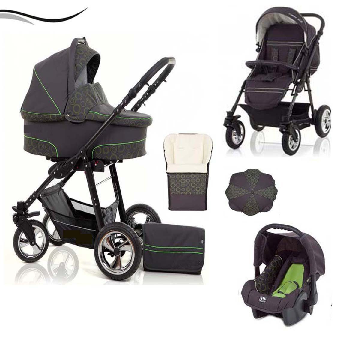 babies-on-wheels Kombi-Kinderwagen City Star 5 in 1 inkl. Autositz, Sonnenschirm und Fußsack - 18 Teile - von Geburt bis 4 Jahre in 16 Farben Grau-Grün-Dekor