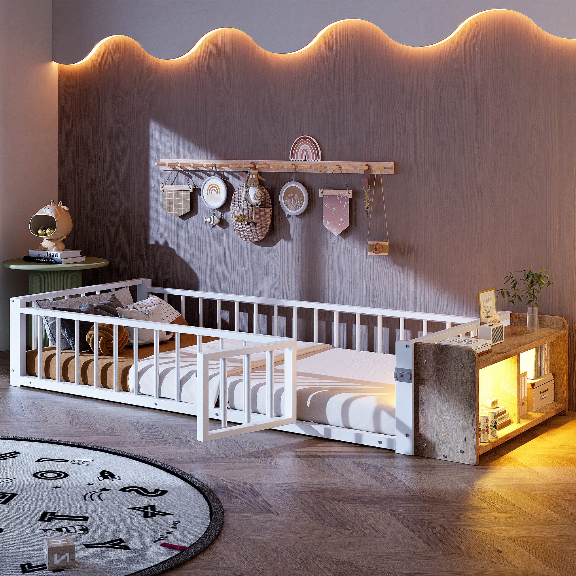 Flieks Kinderbett, Bodenbett Metallbett 90x200cm mit Schutzgeländer und LED-Staufach