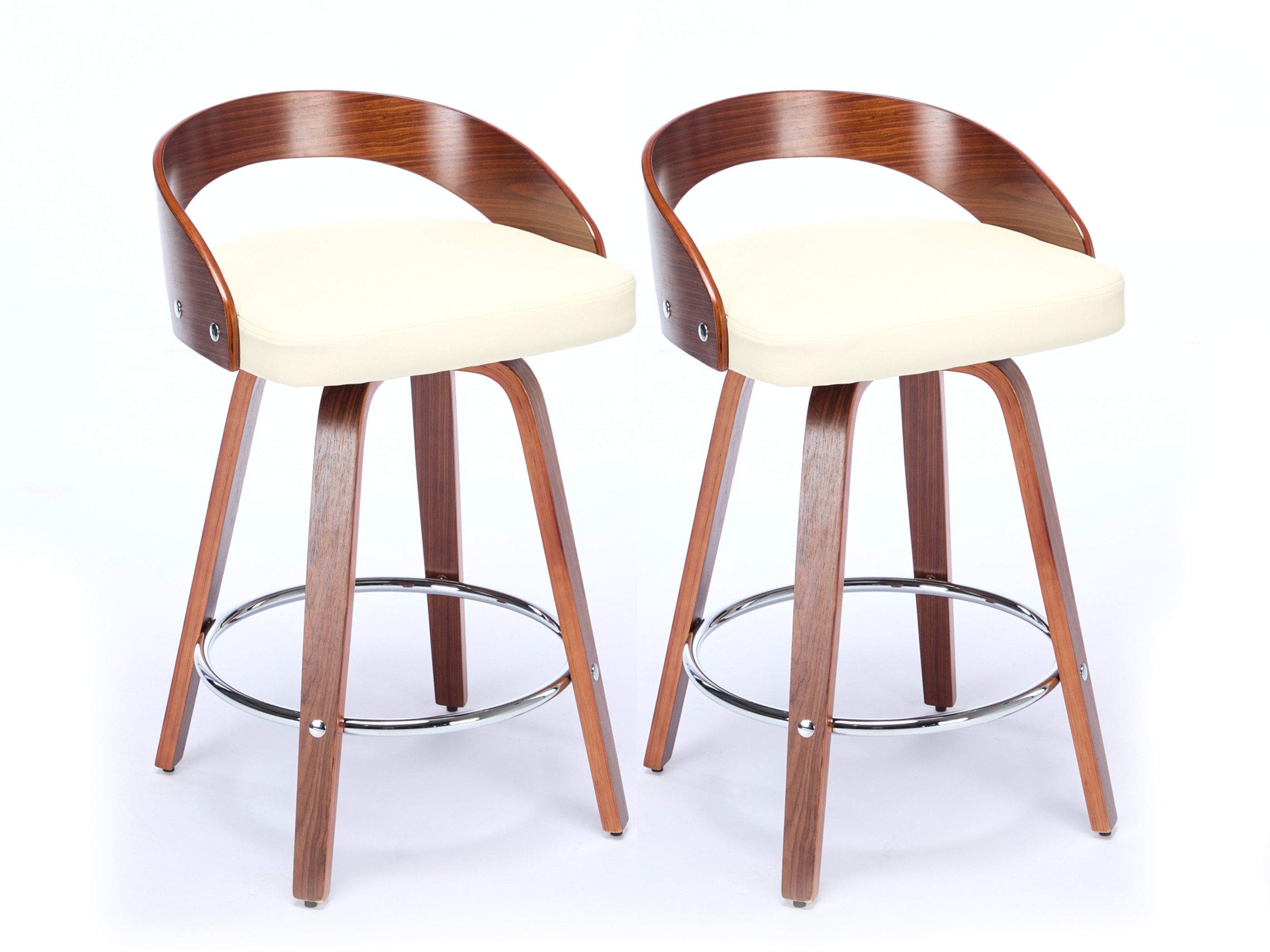 SeedWave Barhocker mit Lehne, 2er Set Drehocker mit PU-Ledersitz, Metall Ring-Fußstütze, Retro Industriestil Barstuhl, Holzbeine mit verstellbaren Fußgleitern