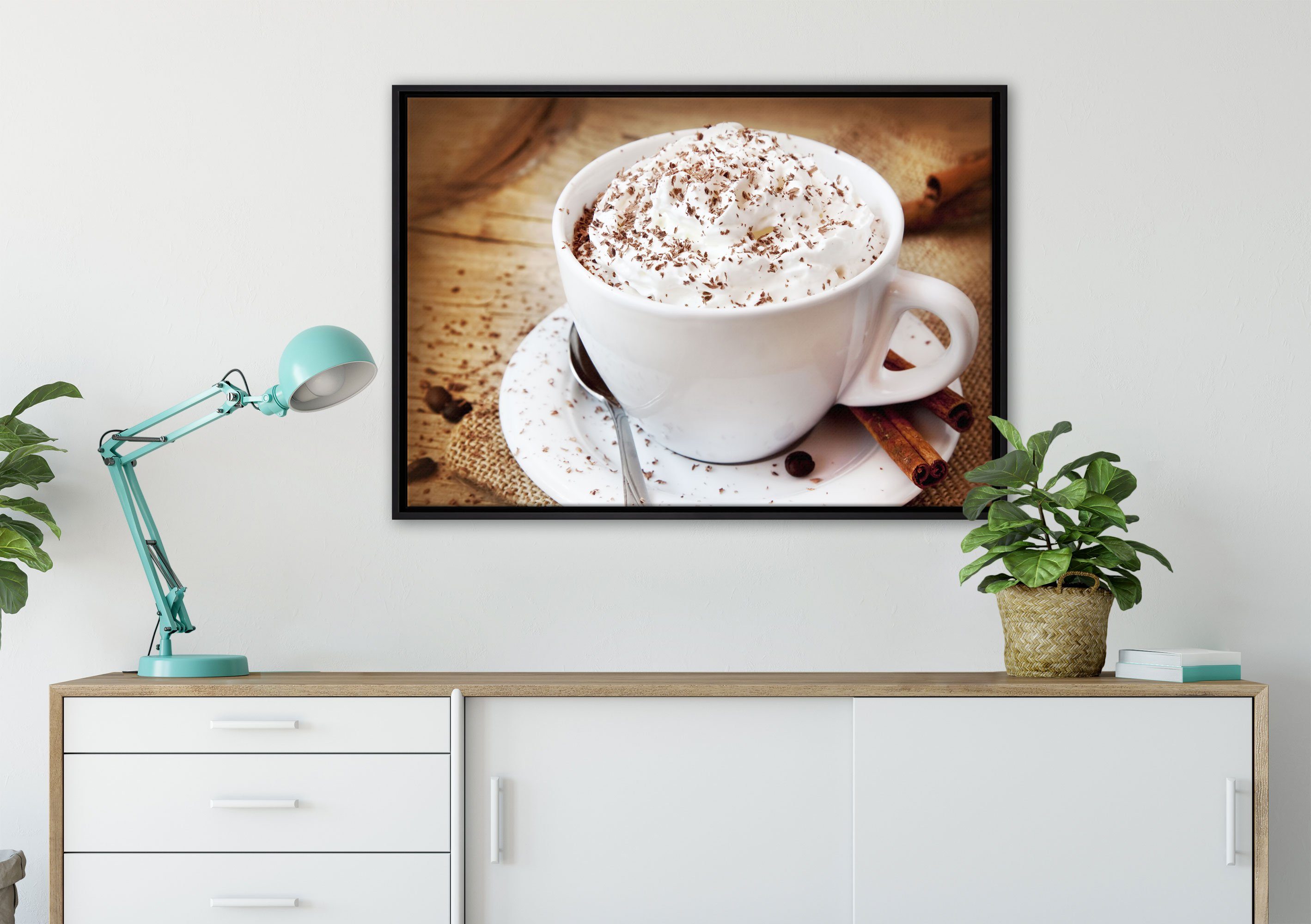 Zackenaufhänger Wanddekoration Kaffee einem Schattenfugen-Bilderrahmen in fertig Leinwandbild Leinwandbild gefasst, viel inkl. Creme, Pixxprint bespannt, St), (1 mit