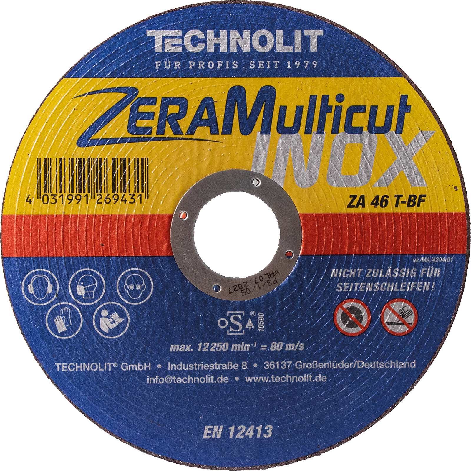 TECHNOLIT® Trennscheibe ZeraMulticut INOX 125 x 1,0 x 22,23 mm, (1-tlg., Metalltrennscheibe für Stahl, Edelstahl, Aluminium, Guss & Kunststoff), Dünne Flexscheibe EN 12413
