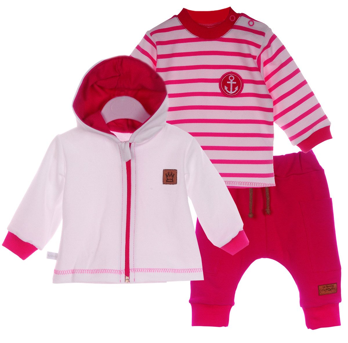 La Bortini Freizeitanzug Baby Anzug Jacke Hose Langarmshirt in weiß pink Erstlingsset, aus Baumwolle, weich, mit Kapuze, für Mädchen, 3-teilig