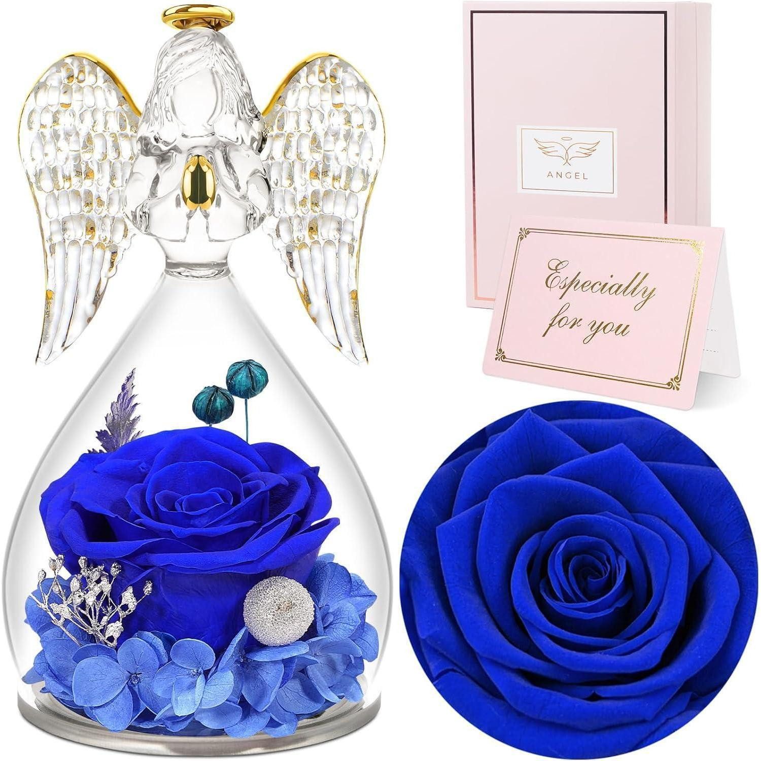 Kunstblume Ewige Rose Engel Figur Glas Dome Blau Muttertagsgeschenke, LuxusKollektion, Höhe 13 cm