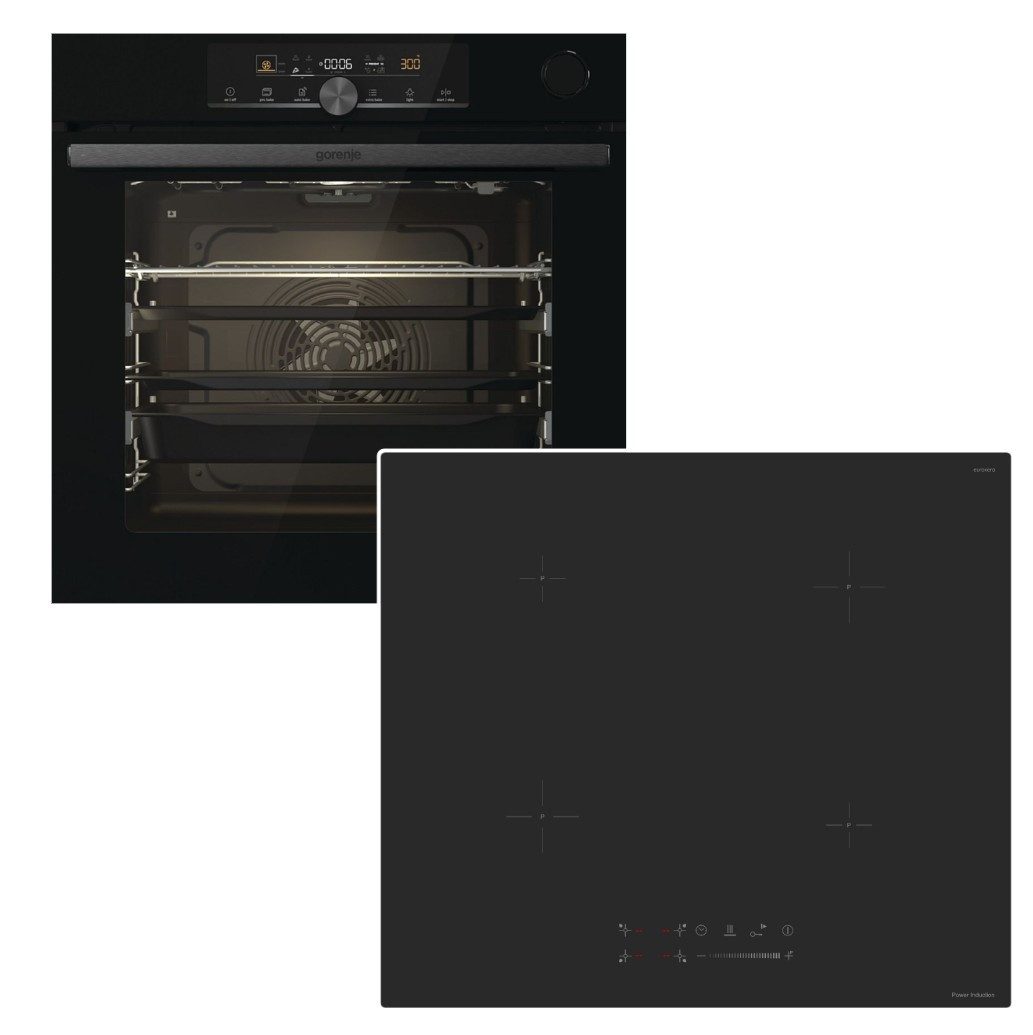 GORENJE Backofen-Set SteamAssist AirFry + keenberk Induktionskochfeld edles BlackMatt 60cm, mit 2-fach Teilauszug, Aqua Clean