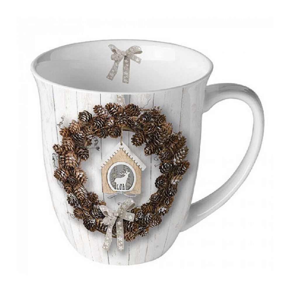 Ambiente Luxury Paper Products Becher Porzellan Tasse, Tiere-Pflanzen, Herbst-Winter- Frühling -Sommer Mug, 1-tlg., Porzellan Kollektion, Kaffeetasse Teetasse Wintertasse, Weihnachtstasse, pine tree cones, Zapfen, Zweige, Landhaus, Tannenzapfenkranz, Kranz, Tee/Kaffee - ideal als Geschenk geeignet