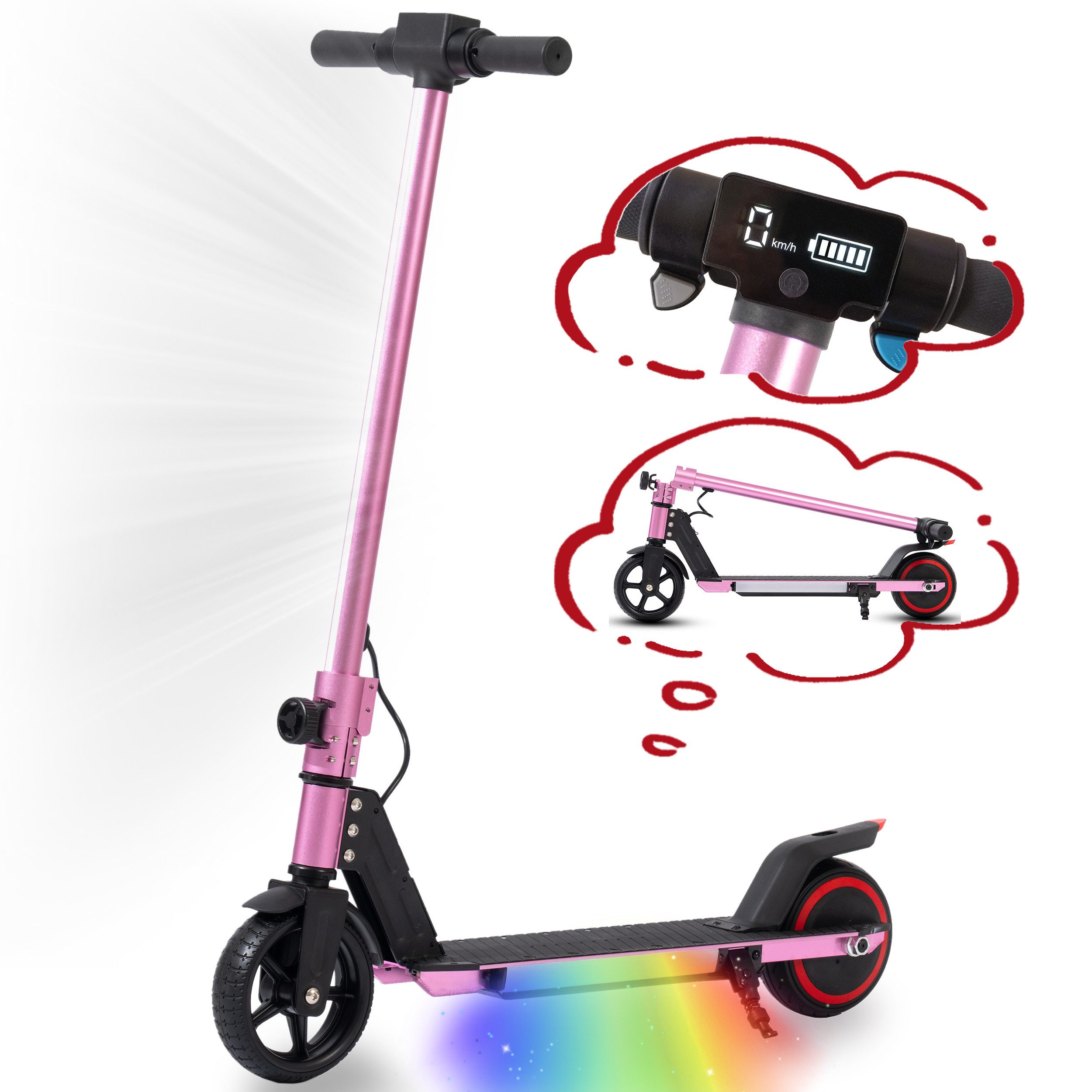 Vankel E-Scooter Kinder ab 6 Jahre, klappbar, 10km, Bunte Leuchten, Jungen und Mädchen, 150 W, 14 km/h, (für Jungen und Mädchen, max. 50kg, faltbar, Aluminiumrahmen), Elektro-Kinderroller, Lenksäulenlicht, mit Haken, EBS + Fußbremse