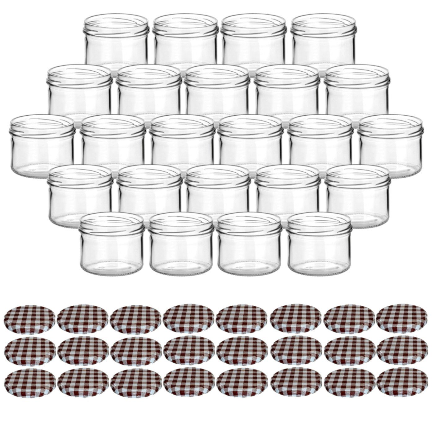 gouveo Einmachglas Vorratsgläser 230 ml rund mit Schraubverschluss TO 82, (24 Stück, Karo-Braun), Gläser für Selbstgemachtes, Marmelade, Wurst