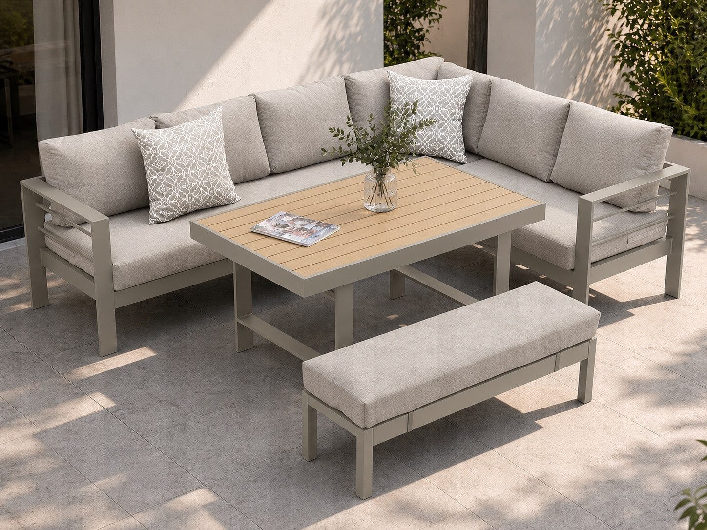 MeXo Gartenlounge-Set XXL Gartenmöbel Set Aluminium für 6-8 Personen, (Dining Loungeset Outdoor, 5-tlg., mit 12 cm dicken Sitzkissen, pflegeleichte Polywood-Tischplatte), wetterfeste Ecklounge mit Esstisch