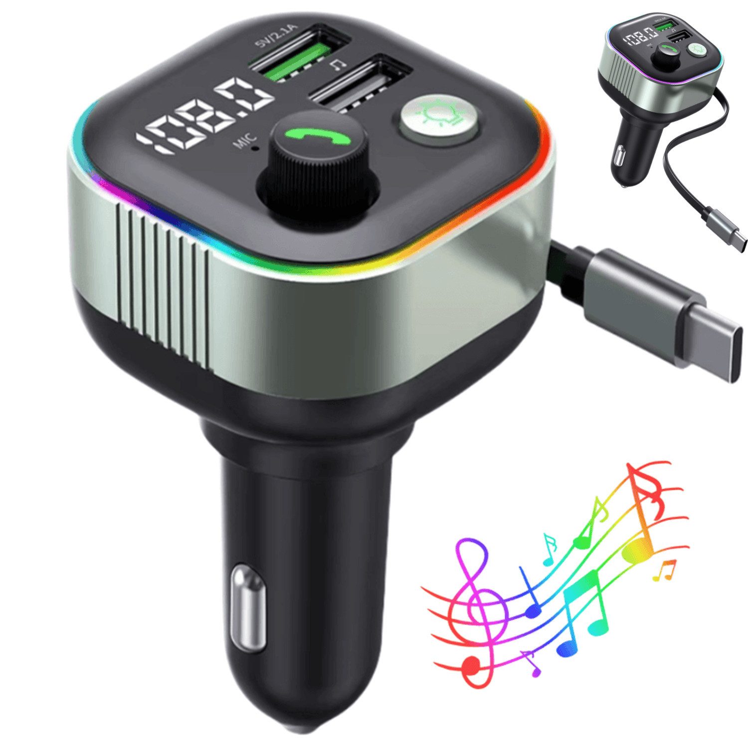 Bluetooth 5.4 FM Transmitter Adapter PD 65W Schnelllade Auto Ladegerät KFZ-Transmitter