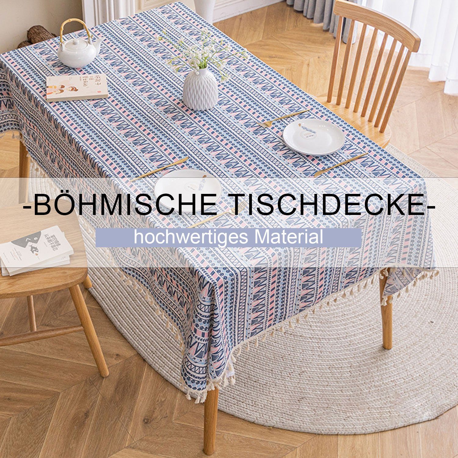 Tischdecke Tischdecke aus Rosa MAGICSHE blau-Quaste Quaste Böhmische mit Baumwollleinen