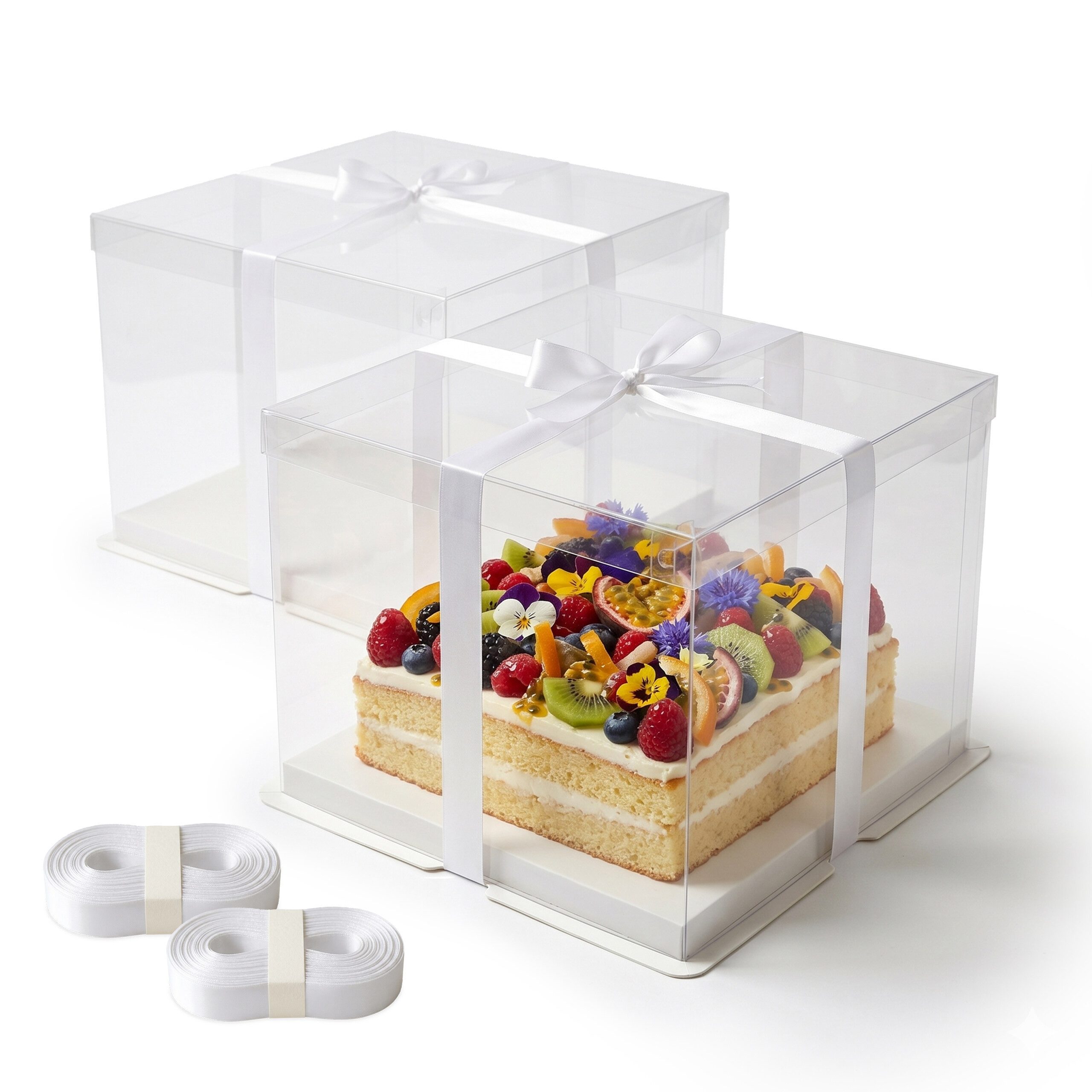 relaxdays Kuchentransportbox Transparente Tortenbox 2er Set Schleife, Kunststoff, (2-tlg), weiß
