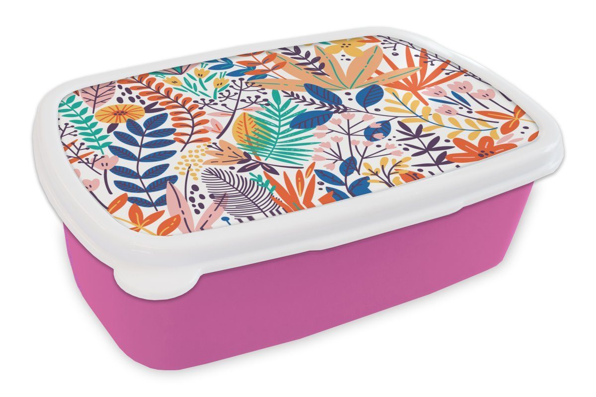 MuchoWow Lunchbox Sommer - Pflanzen - Blätter - Muster, Kunststoff, (2-tlg), Brotbox für Erwachsene, Brotdose Kinder, Snackbox, Mädchen, Kunststoff rosa