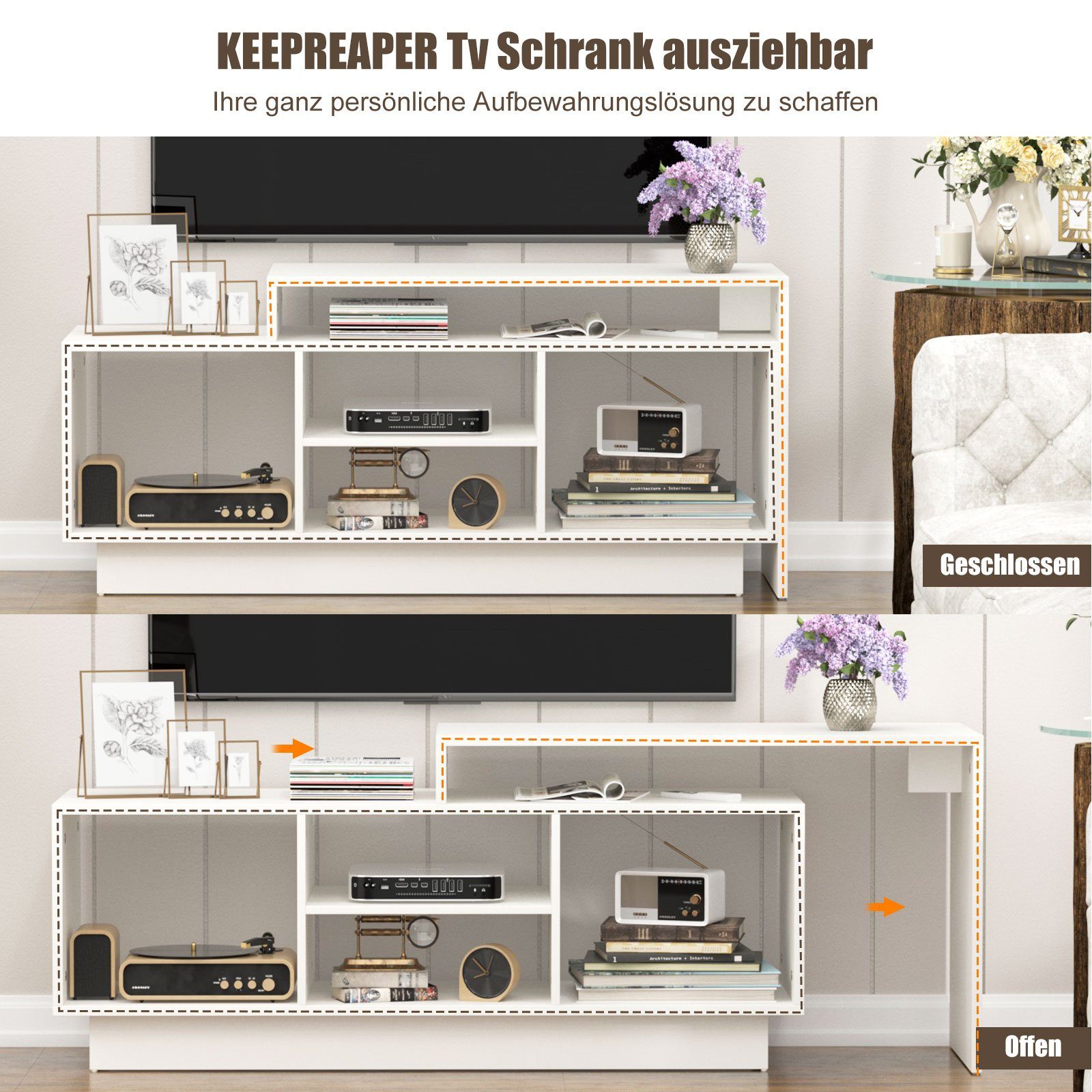 radelldar Lowboard TV-Schrank weiß in wohnzimmer Tv board Lange 110-160cm  ausziehbar, Tiefe 35cm, Höhe 48cm
