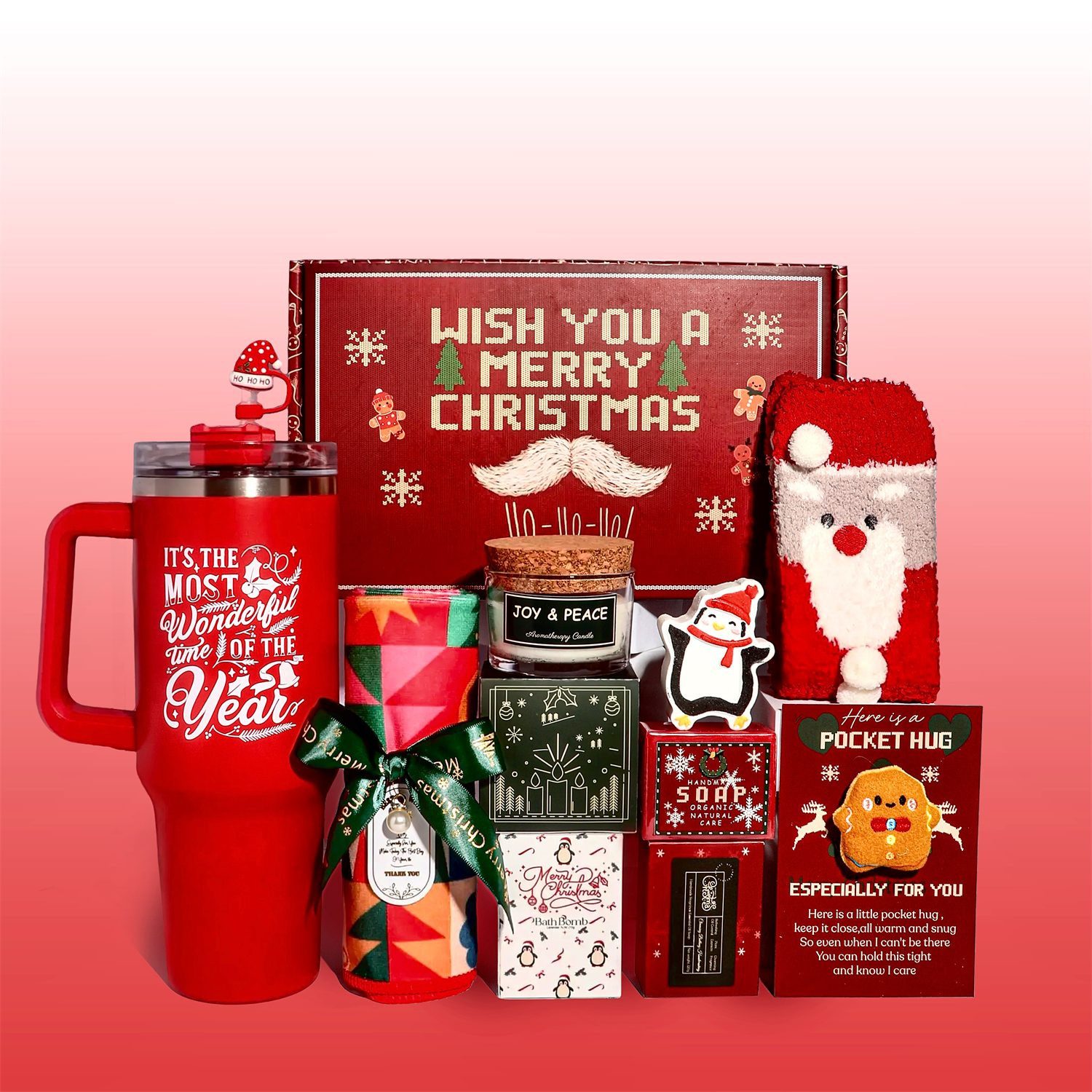Luckice Pflege-Geschenkbox Pflege-Geschenkbox für Frauen Damen-Geschenkset Weihnachtsgeschenk luxuriöse Geschenkverpackung Weihnachtssocke Haarturban Edelstahl-Wasserbecher Badesalz Duftkerze, Geschenk
