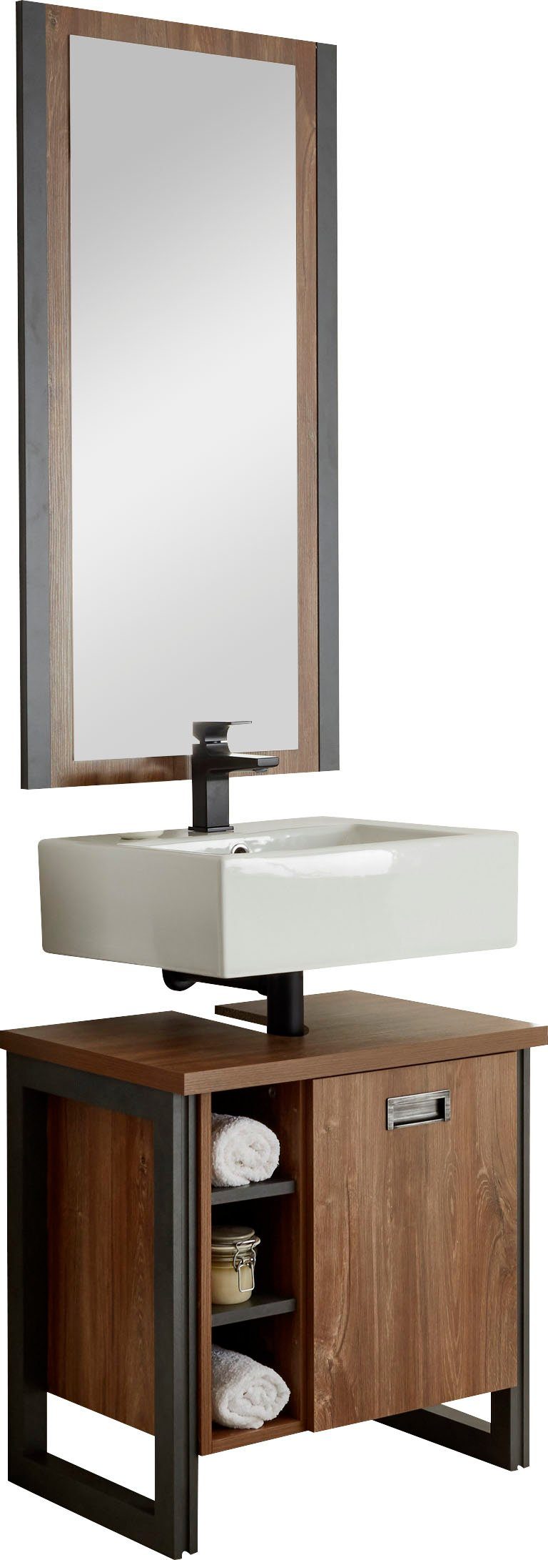 Home affaire Badmöbel-Set Detroit, Bad im Industrialdesign, 2-teiliges Badezimmer, (Set, 2-St), Waschbeckenunterschrank und Spiegel, holzfarben, mit offenen Fächern