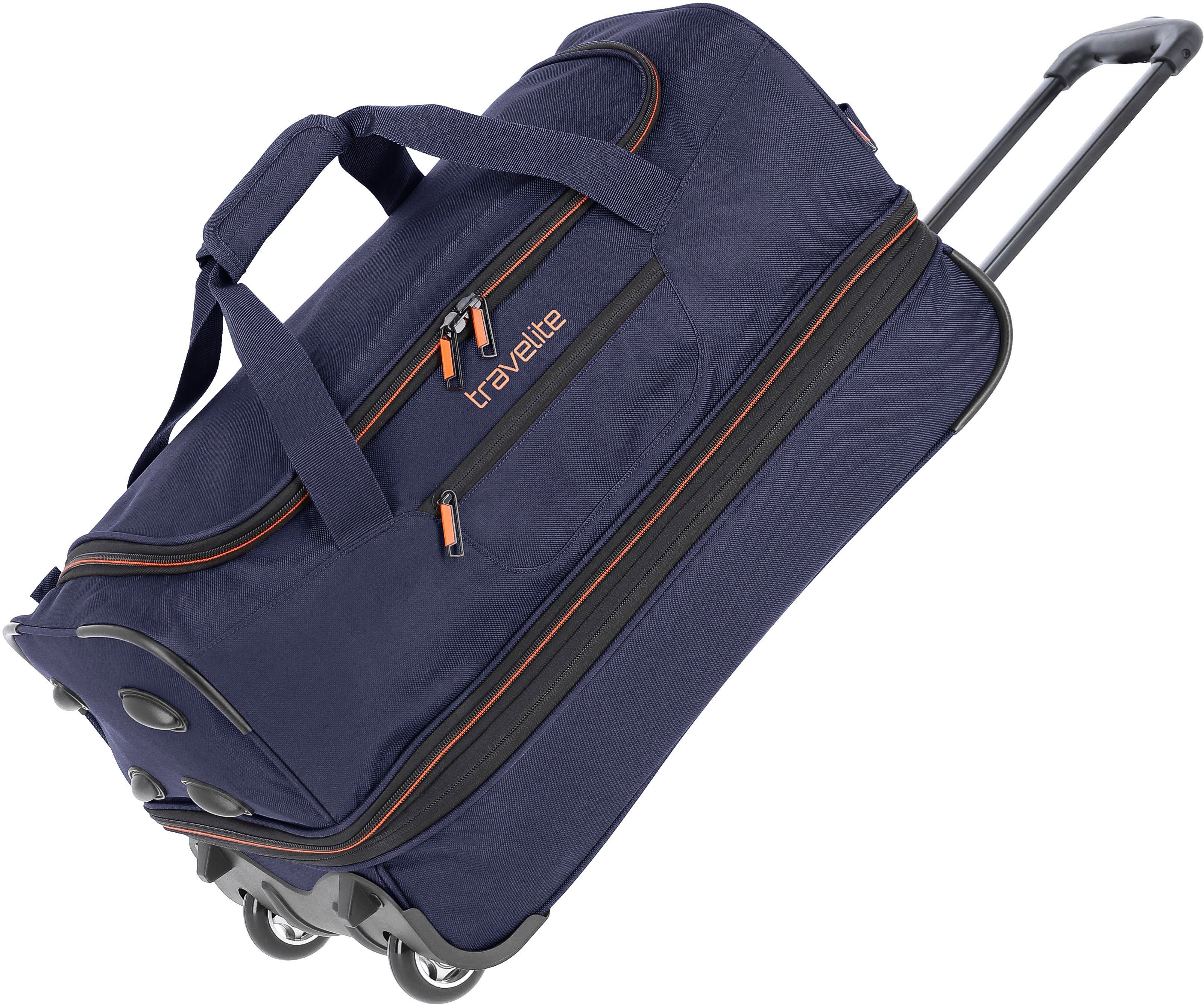 travelite Reisetasche Basics, 55 cm, marine/orange, Duffle Bag Sporttasche mit Trolleyfunktion und Volumenerweiterung