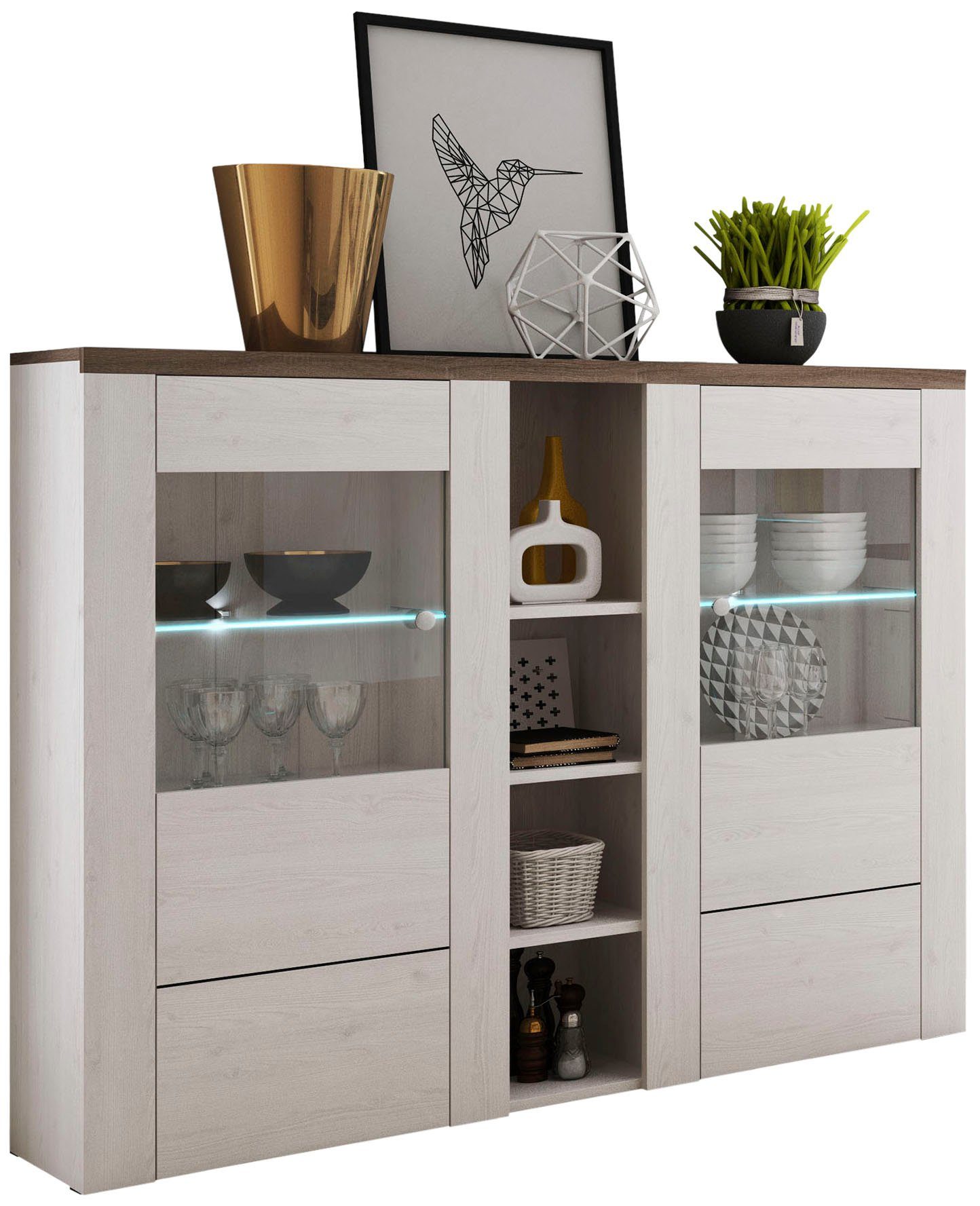Home affaire Highboard Larona, zeitlose Hochkommode mit 2 Türen, Türkommode, Höhe 129,5 cm, Anrichte mit dekorative Rahmenoptik, Türen mit Glaseinsatz