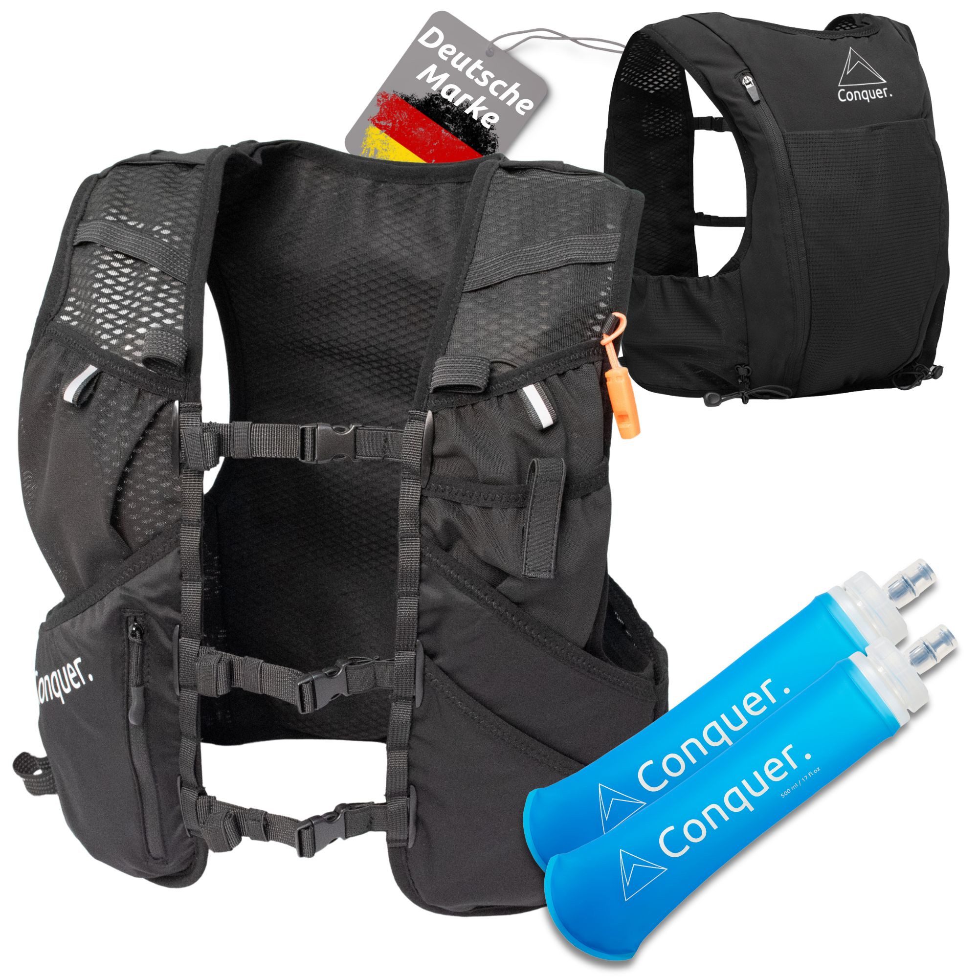 Conquer. Trinkrucksack 5L Damen & Herren – Ultraleichte Laufweste, Laufrucksack, Kangoroofach, Fronttaschen, Reißverschlussfach