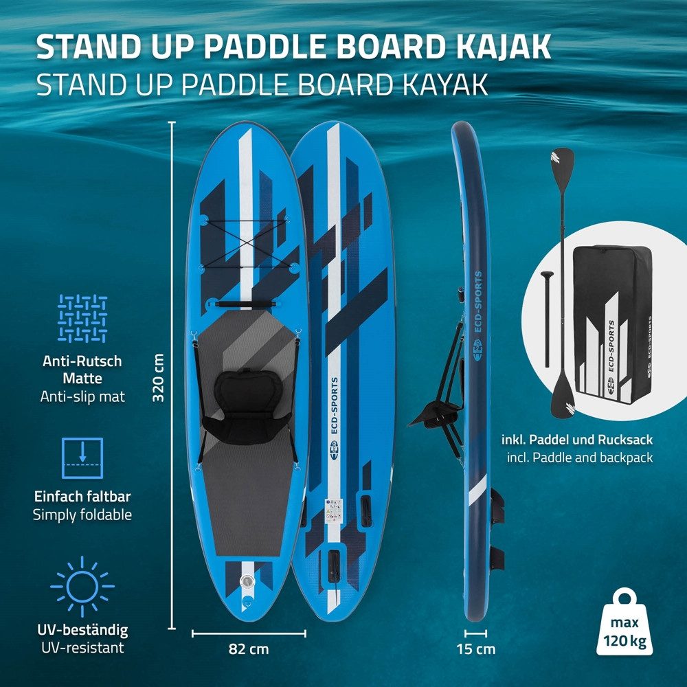 ECD Germany SUP-Board Aufblasbares SUP Board mit Kajaksitz inkl Komplett Set Paddle Board, (mit Kajaksitz), Aufblasbares Surfboard Blau mit Kajaksitz & Anti-Rutsch Belag