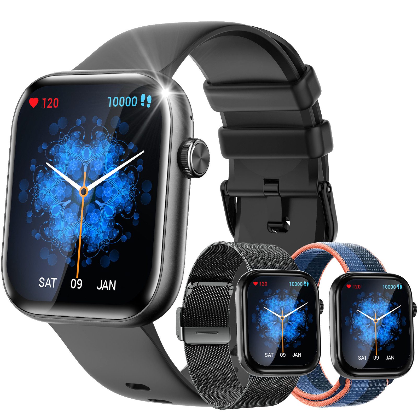 Yuede Smartwatch, Fitness Tracker uhr mit Anruffunktion für Damen und Herren Smartwatch (Kratzfestes Voll Touch Farbdisplay cm/1.93 Zoll) Gesundheits-Uhren mit SMS-Benachrichtigung, Blutsauerstoff, Blutdruckmessung, Herzfrequenz, Schlafqualität, Schrittzähler, AI Voice und Musiksteuerung etc., IP67 Wasserdichte Sportuhr mit 150+ Trainingsmodi, Erhältlich für IOS 8.0+ und Android 5.1+.