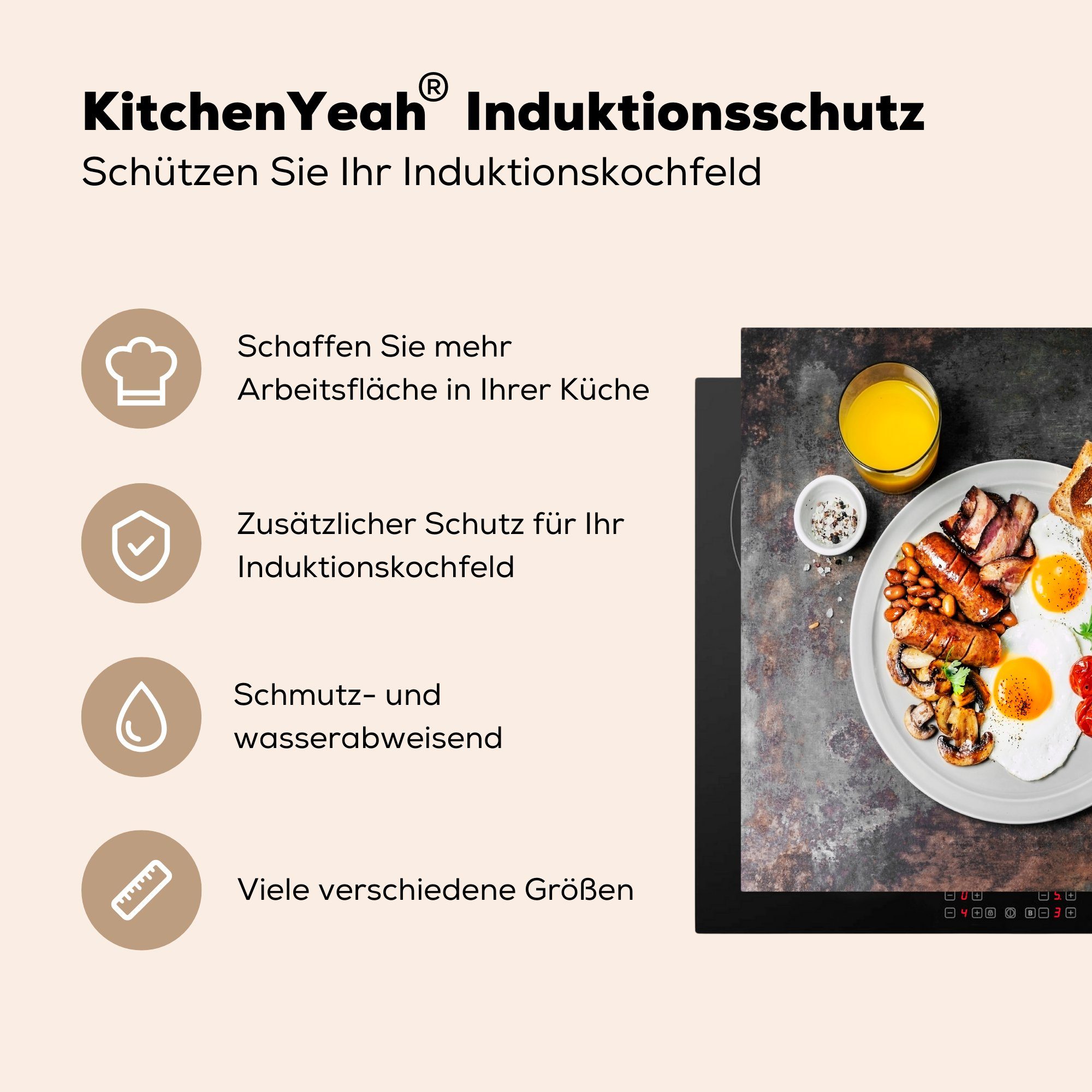 Teller, auf tlg), grauem English MuchoWow cm, Herdblende-/Abdeckplatte 60x52 nutzbar, Vinyl, Mobile (1 Arbeitsfläche Breakfast Ceranfeldabdeckung