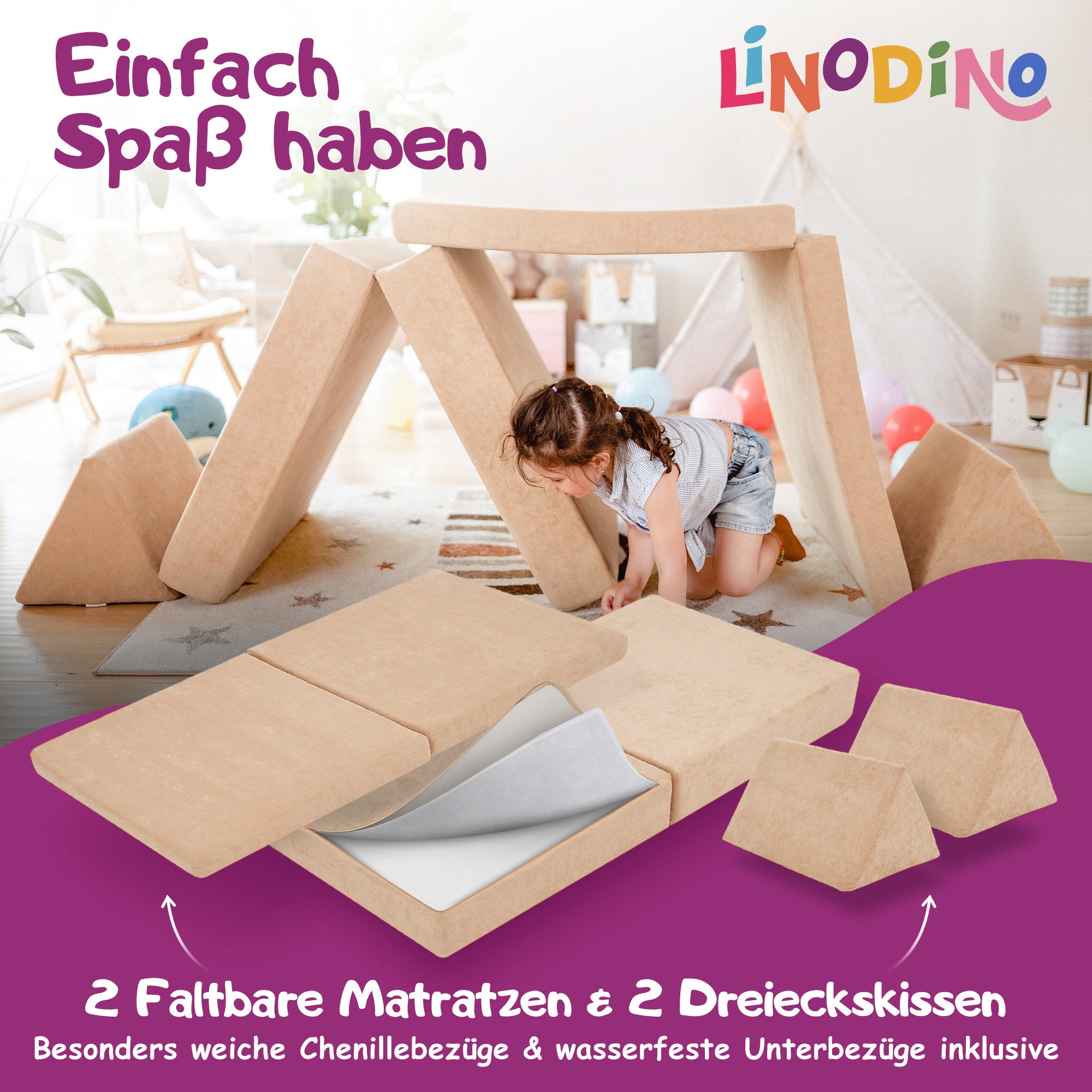 Linodino Kindersofa Spielsofa I aus Schaumstoff Bausteine I Spielcouch für Kinder, Wasserfeste Unterbezüge, Waschbare Chenille Bezüge 30° – Bild 4 von 5