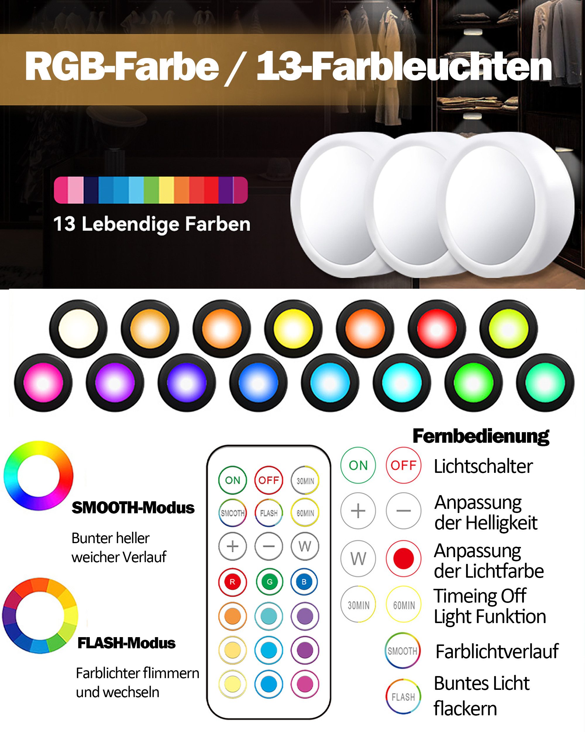 OYLCDI Unterschrankleuchte 3/6/9/12 Stück Batteriebetrieben LED RGB Spots m günstig online kaufen