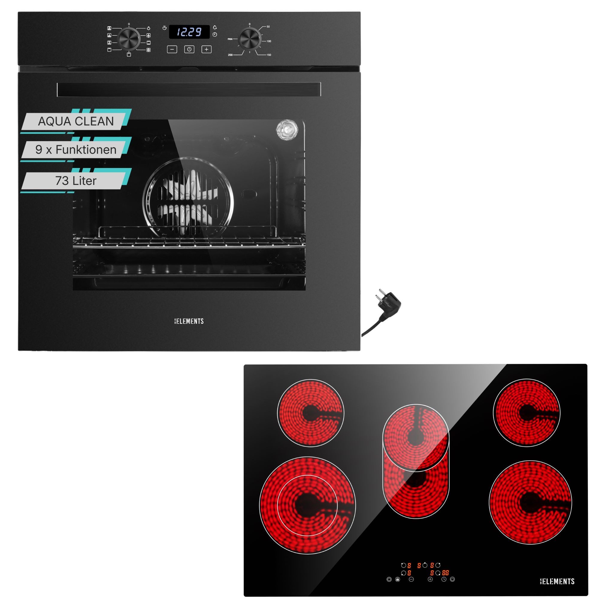 KB Elements Backofen-Set Einbaubackofen 60 cm mit 5-Zonen Glaskeramik Kochfeld 77 cm, AQUA CLEAN, Aqua Clean, Circle Fan Heater, Flexzone