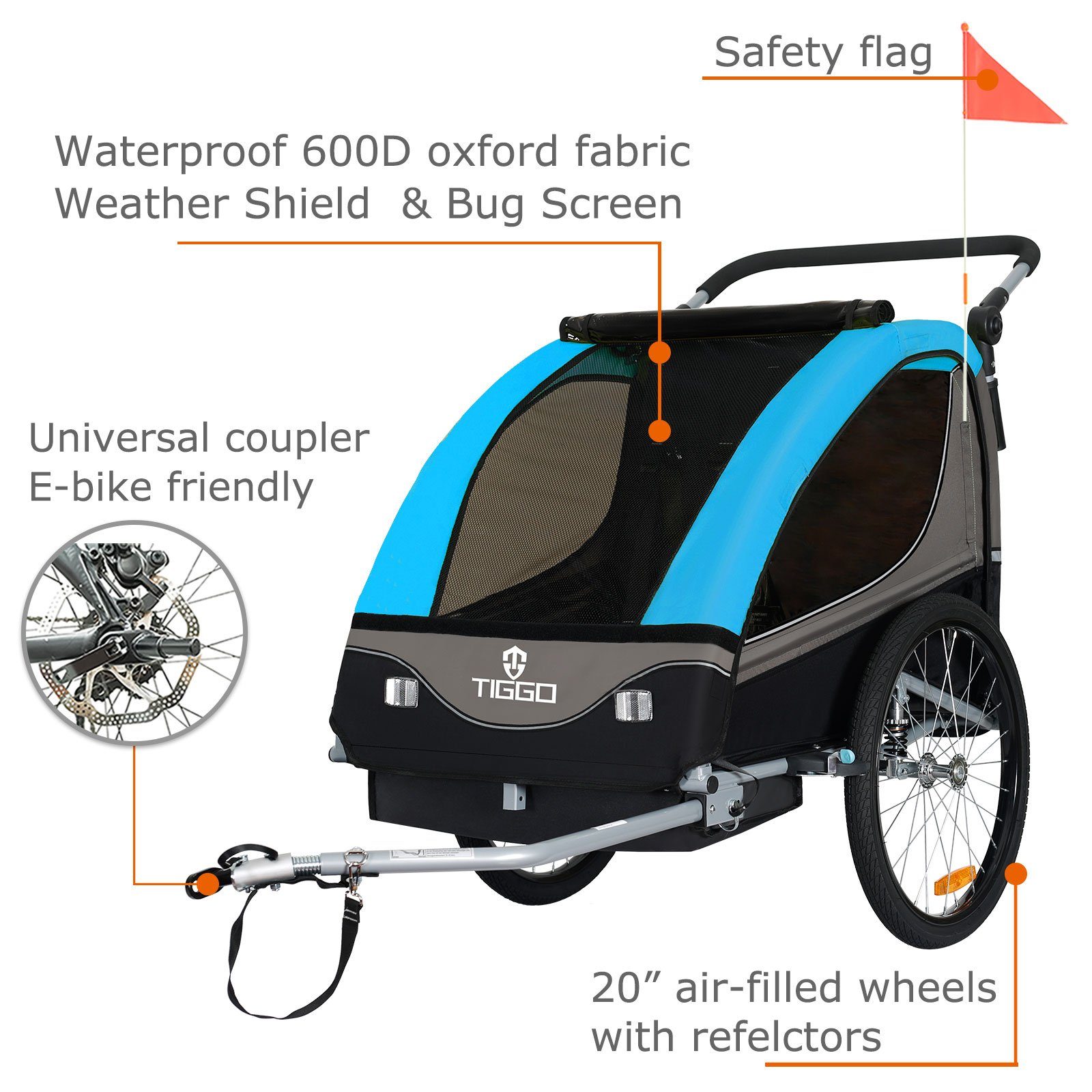 TIGGO Fahrradkinderanhänger Kinderanhänger 2 in 1 Kinderfahrradanhänger Fahrradanhänger, für 1-2 Kinder inklusive Joggerkit