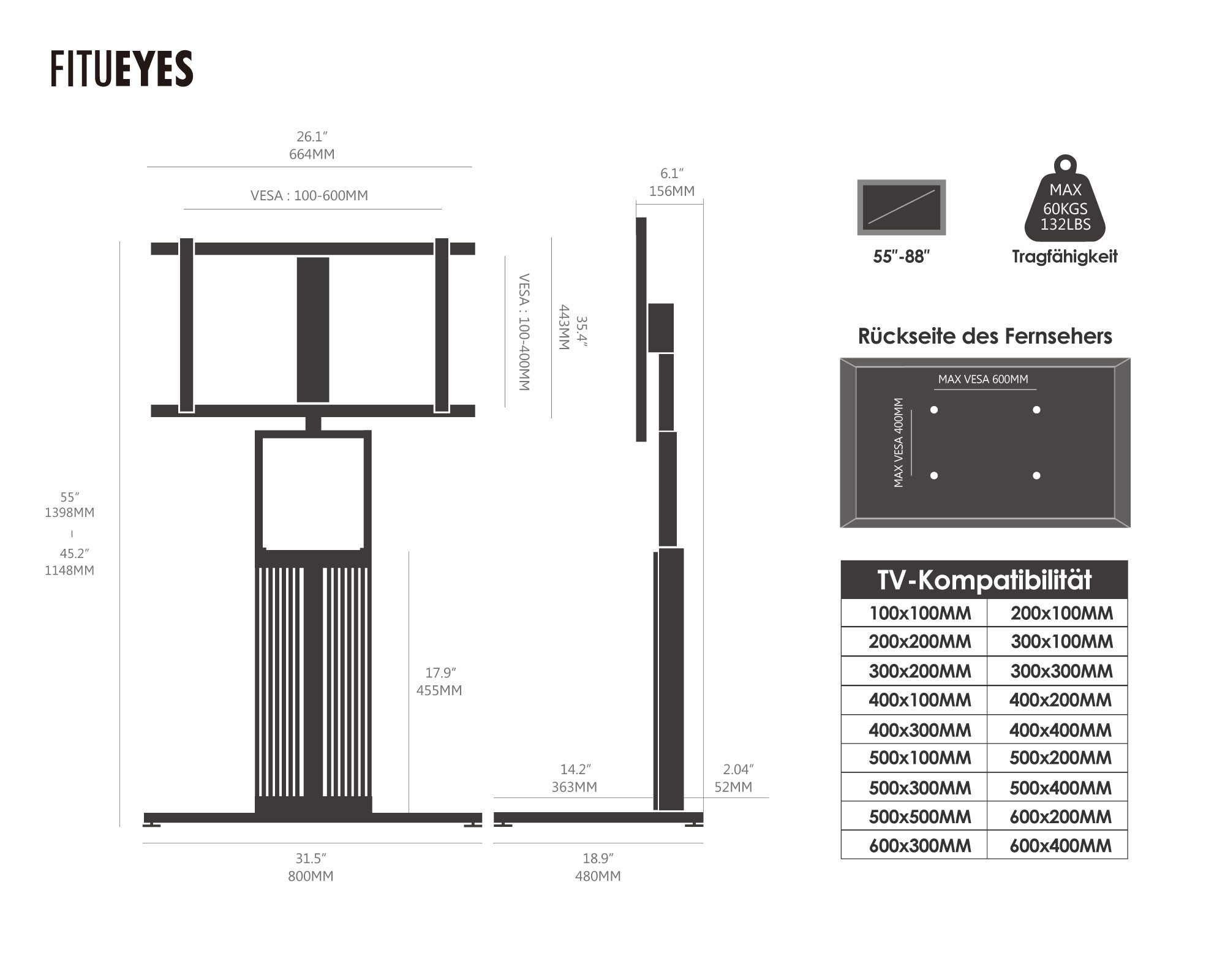 FITUEYES TV-Ständer aus Holz, mit höhenverstellbarer Ablage, ±15° schwenkbar, 55-88 Zoll, (bis 88,00 Zoll, höhenverstellbar, mit Kabelmanagement) – Bild 5 von 5