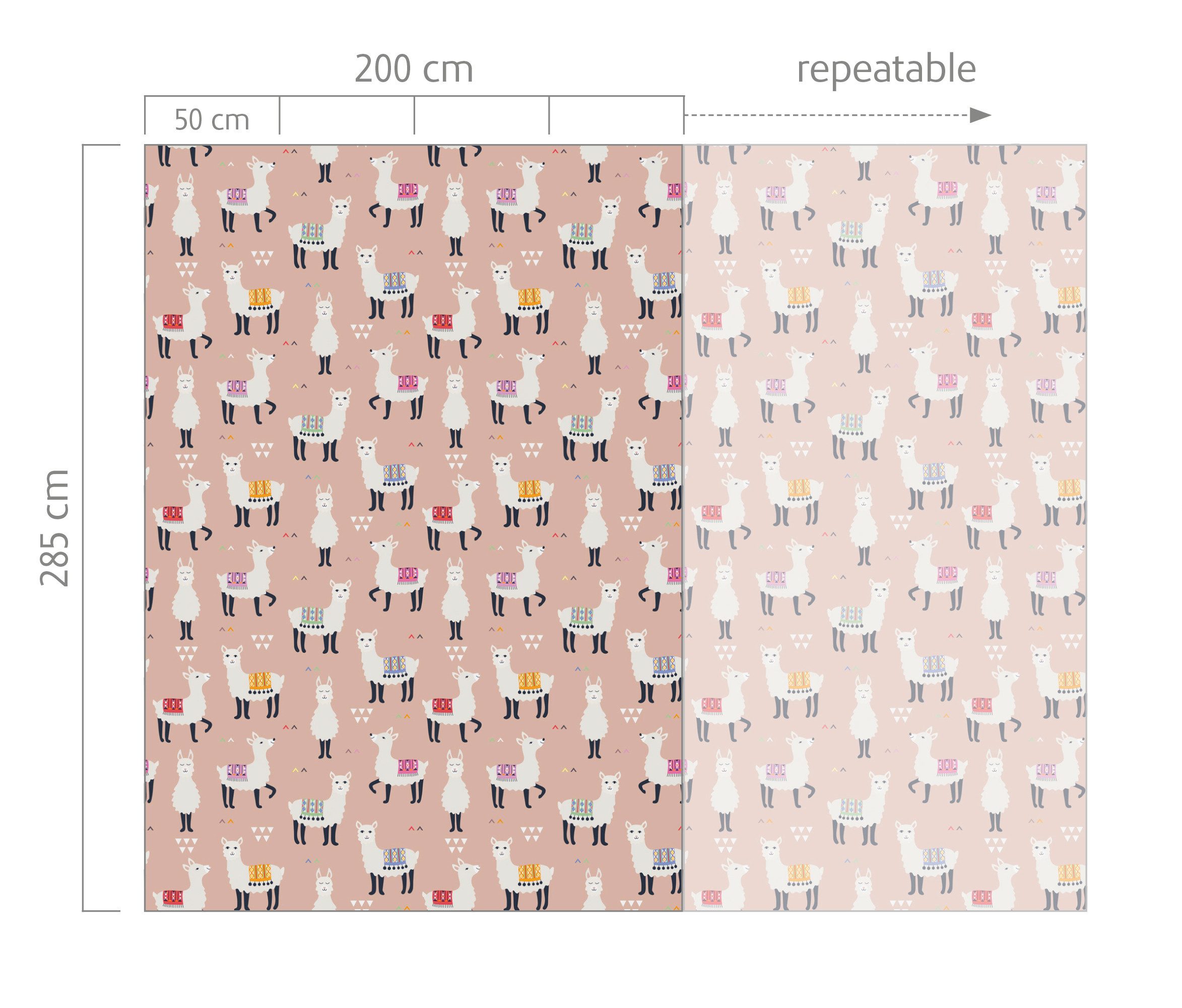 Rasch Fototapete Lama in Rosa, Roomblush - RB344 - 2,85m x 2,00m, glatt, kindlich, gemustert, grafisch, mehrfarbig, Comic, (1 Rolle, 1 St), Lama