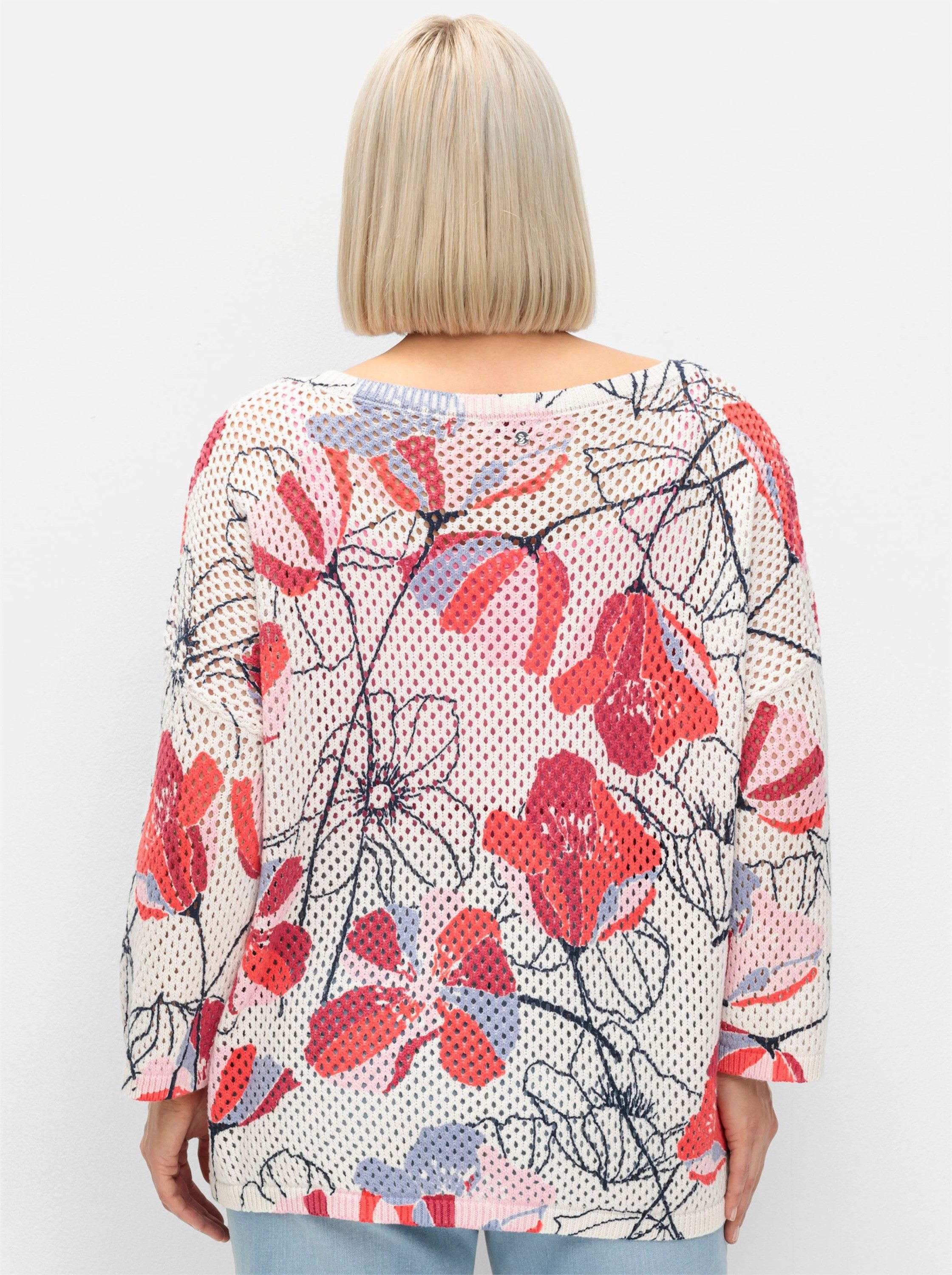 Sheego Strickpullover Pullover 3/4-Arm im Ajourstrick, mit Blumenmuster günstig online kaufen