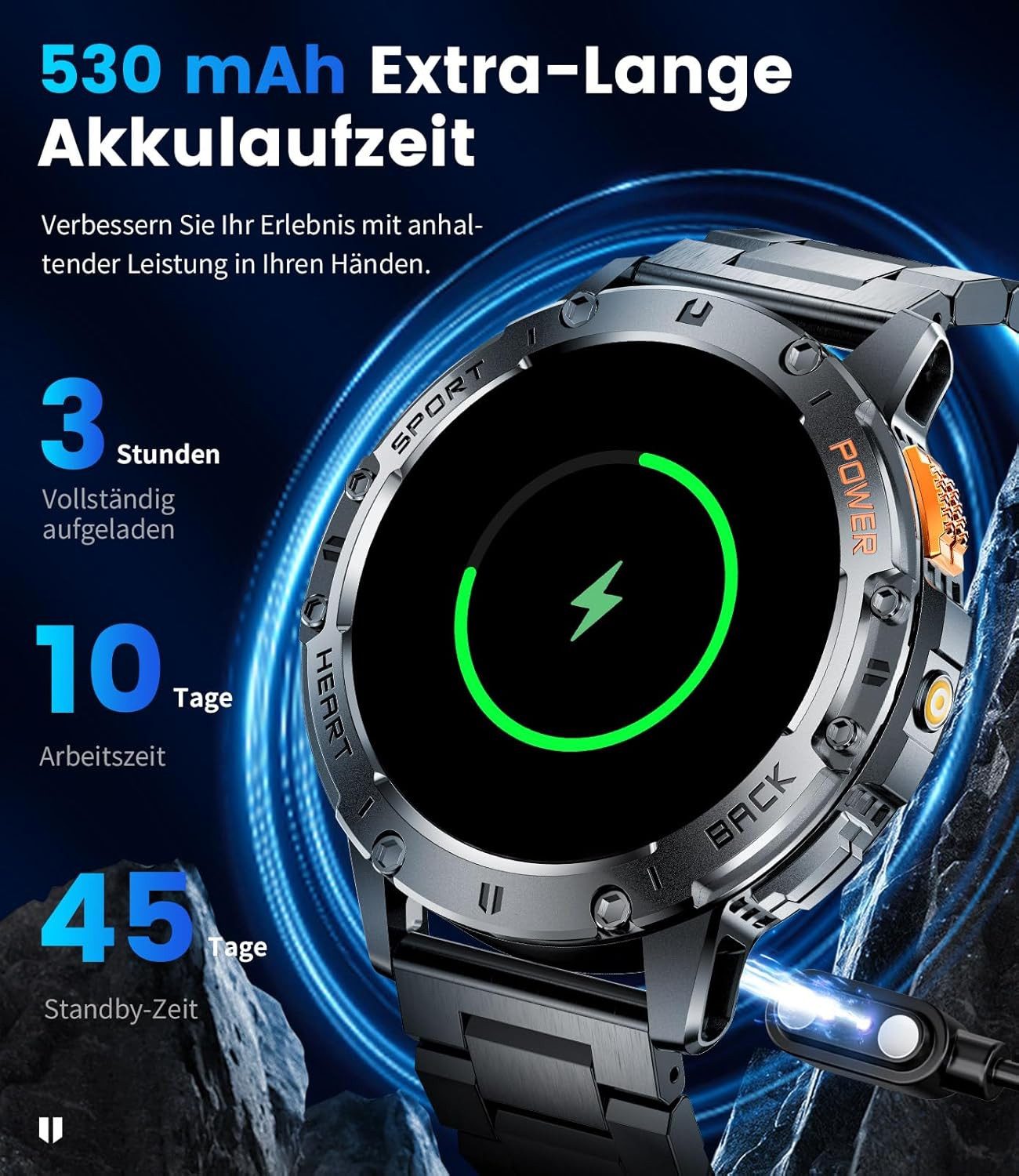 Zevelora Herren's IP68 Wasserdicht Telefonfunktion Smartwatch (1.43 Zoll, Android/iOS), mit LED Taschenlampe Herzfrequenz, 300+ Zifferblätter 110+ Sportmodi