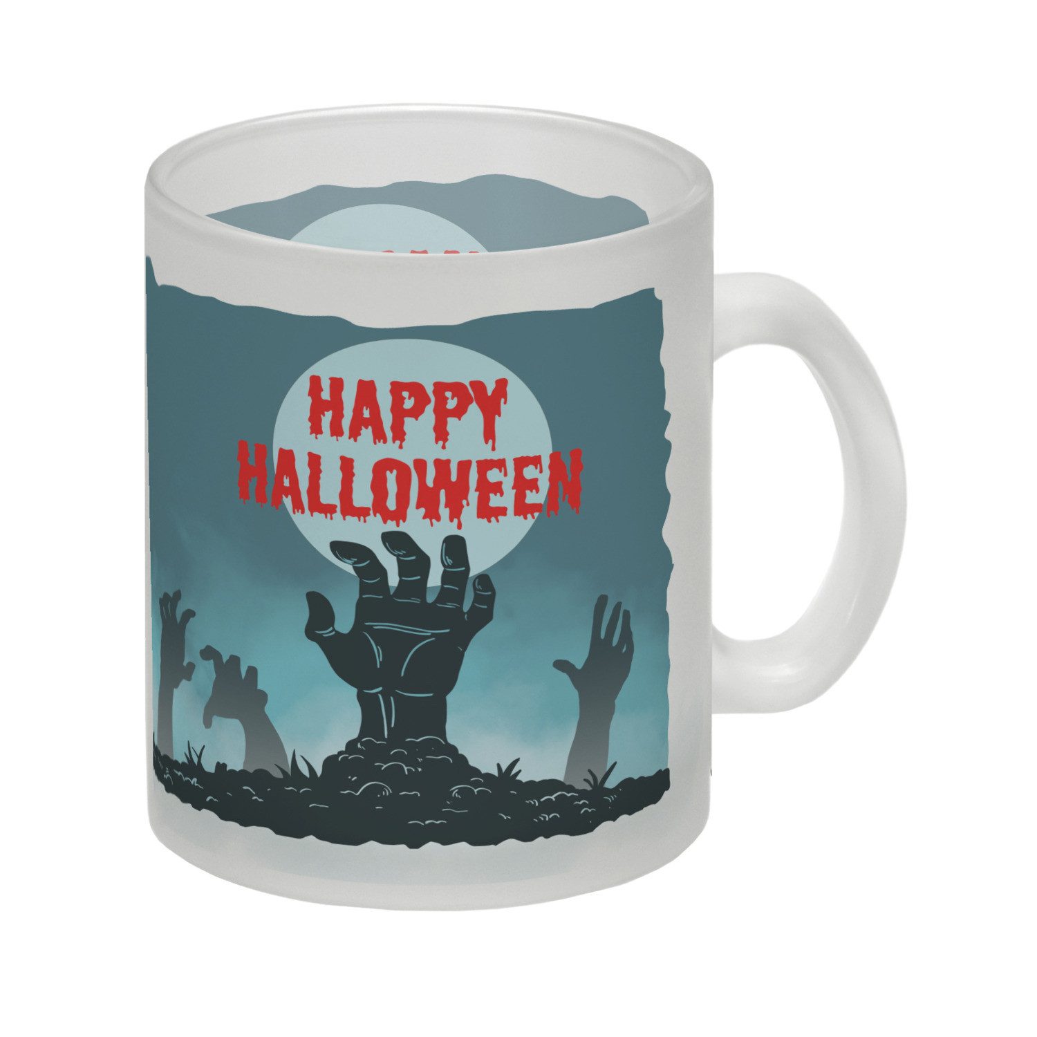 Tasse Happy Halloween Glas Tasse mit gruseligen Zombiehänden